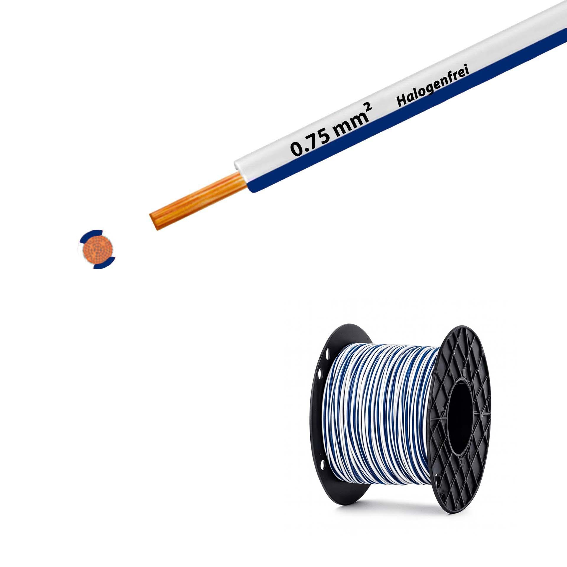 Litze halogenfrei 90° C, 500V, 0.75mm2, weiss-dunkelblau (RAL 9010/5010), auf Kunststoffrolle gross