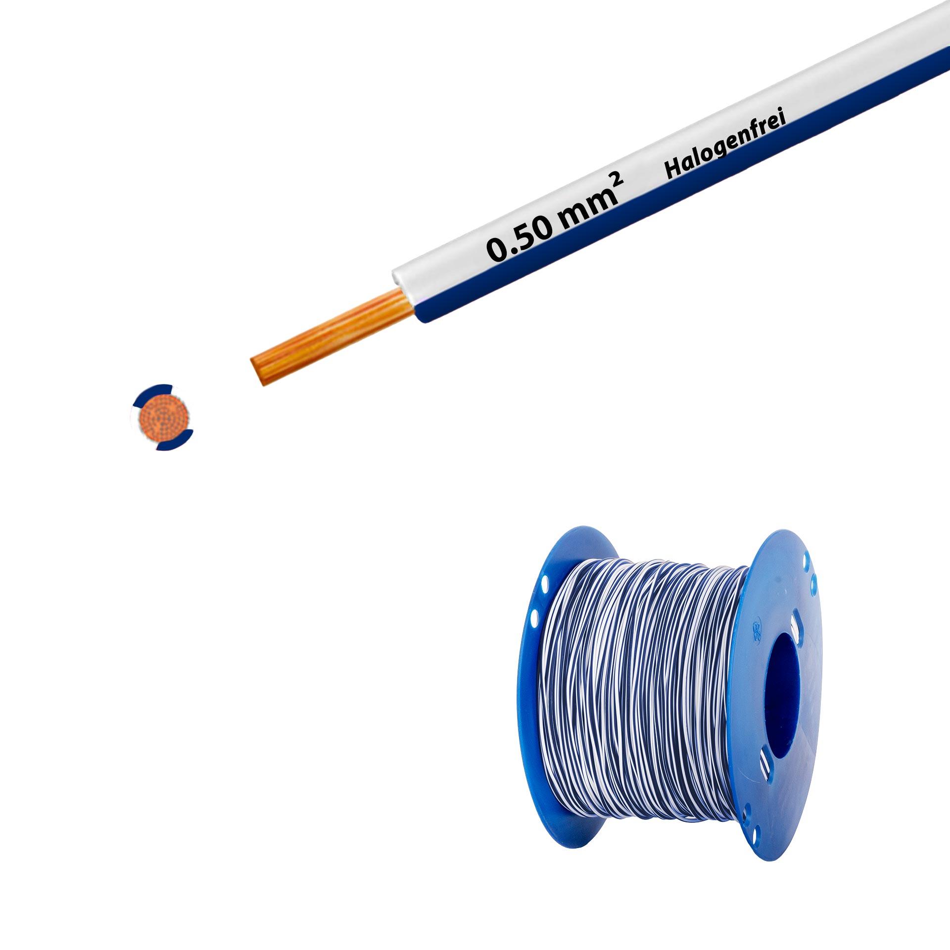 Litze halogenfrei 90° C , 500V, 0.50mm2, weiss-dunkelblau (RAL 9010/5010), auf Kunststoffrolle