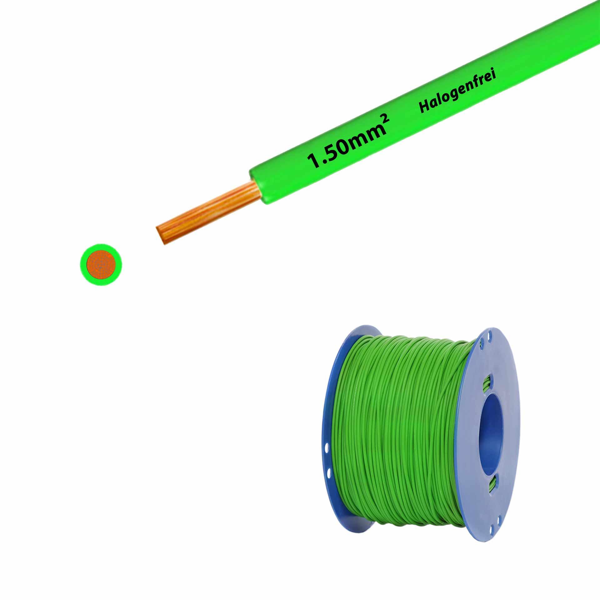 Litze halogenfrei 90° C , 750V, 1.50mm2, grün (RAL 6018), auf Kunststoffrolle