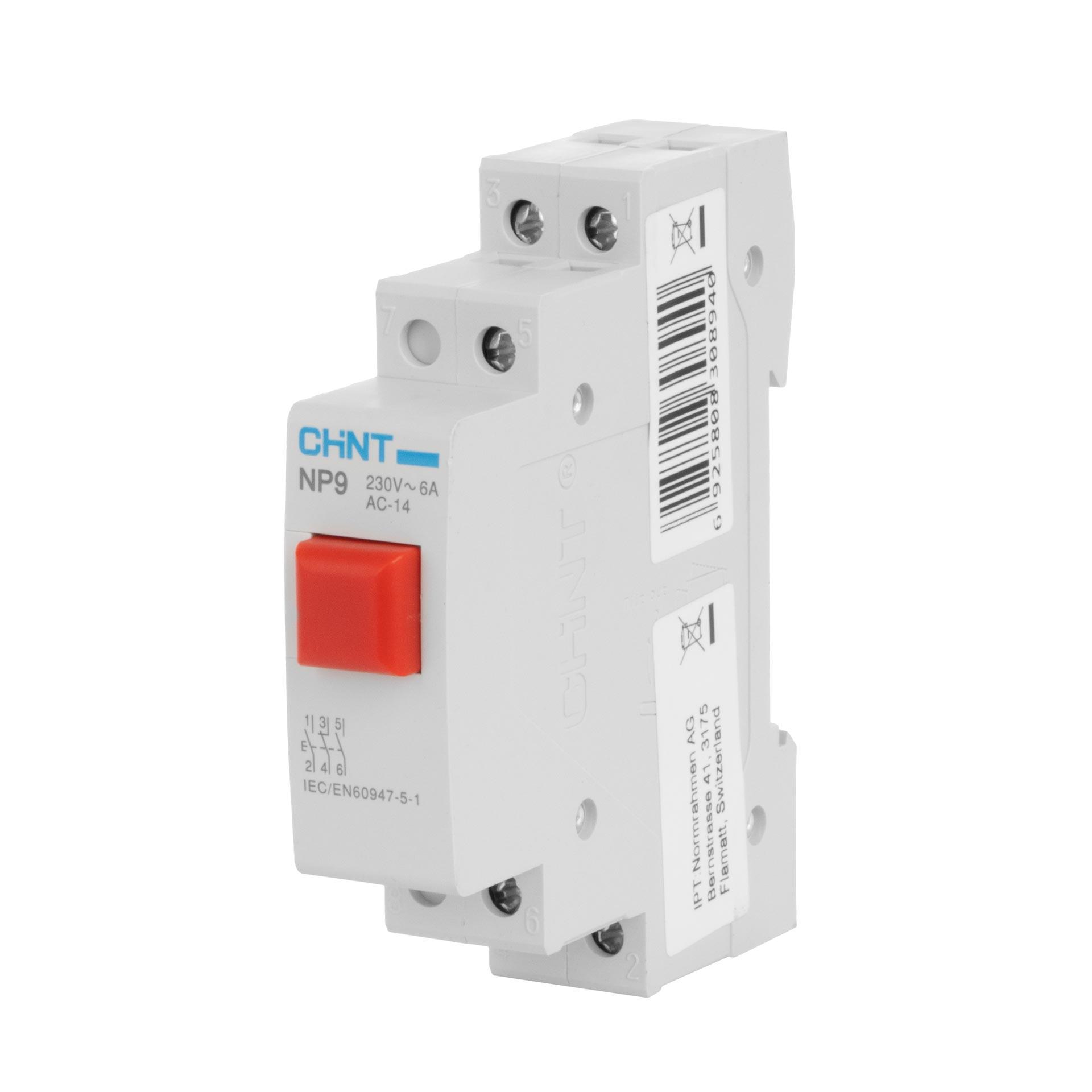 Chint REG Taster (rot), 1-Modul, 230V AC/DC, 16A (Ith), 6A (Ie),  2-Schlies. & 1-Öffn., Typ NP9-21/2