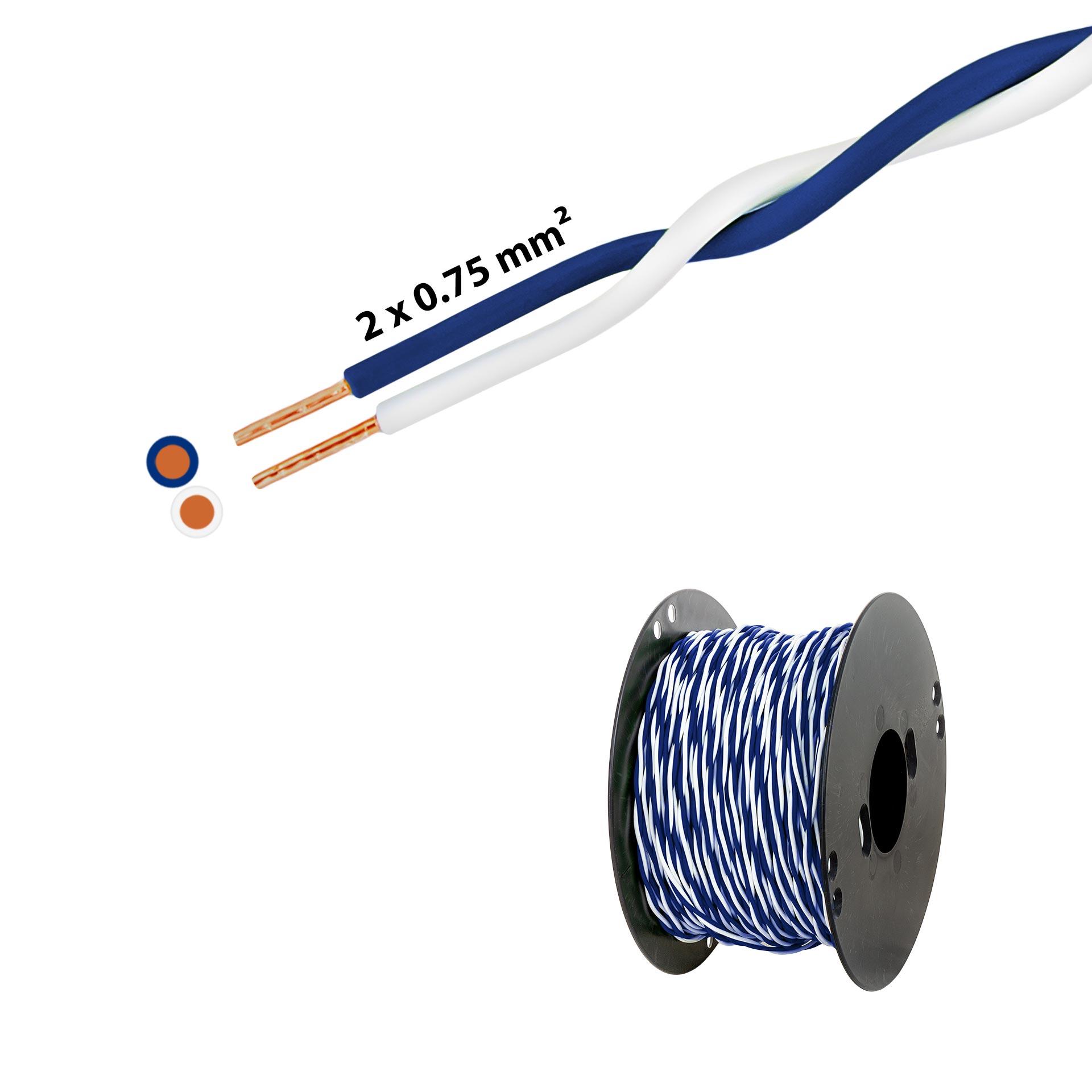 Verdrillter T-Draht 2 x 0.75mm2, weiss-dunkelblau, auf Kunststoffrolle