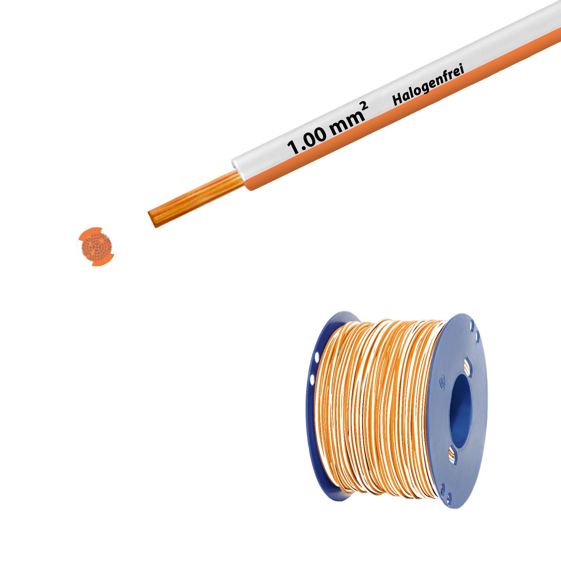 Litze halogenfrei 90° C , 500V, 1.00mm2, weiss-orange (RAL 9010/2003), auf Kunststoffrolle
