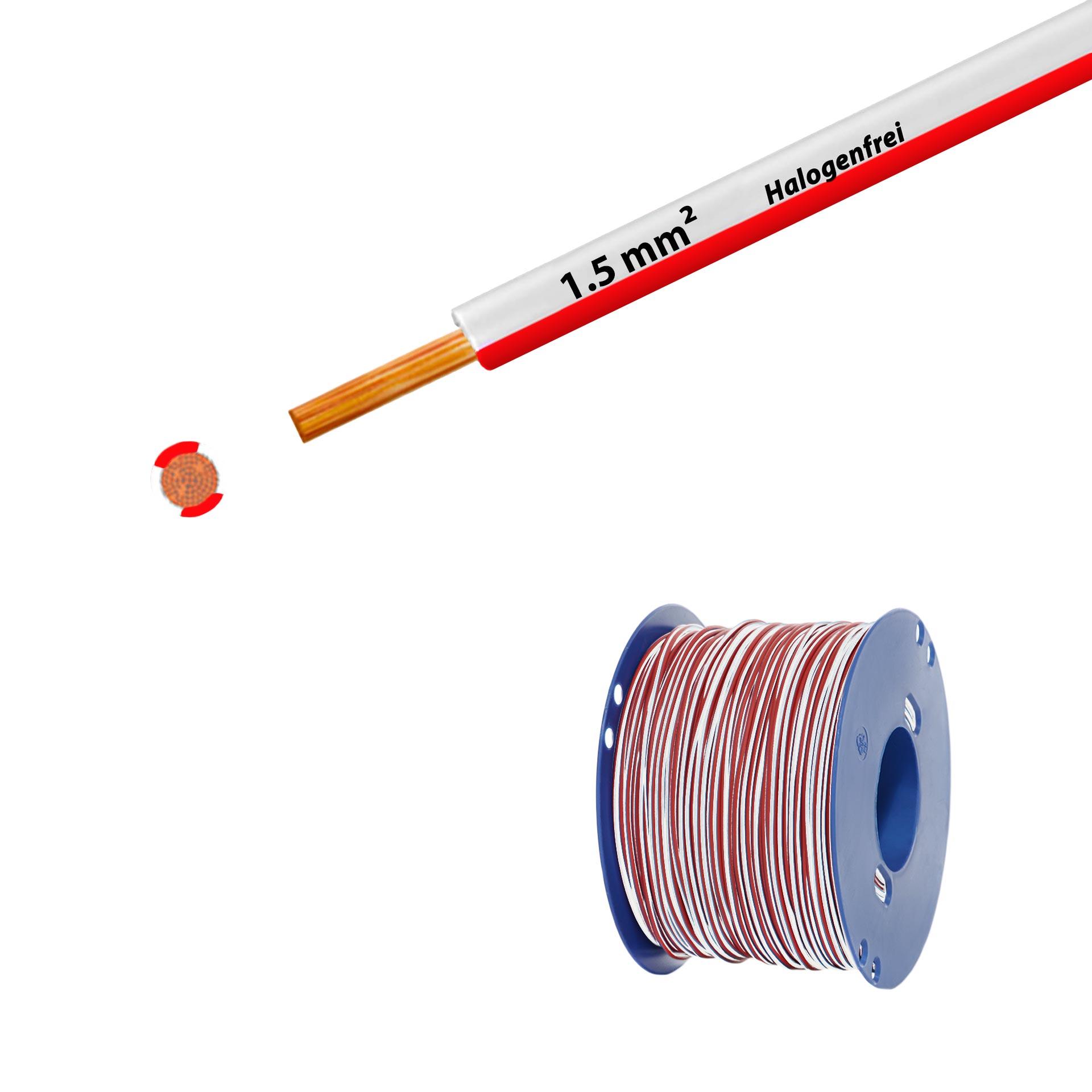 Litze halogenfrei 90° C , 750V, 1.50mm2, weiss-rot (RAL 9010/3000), auf Kunststoffrolle
