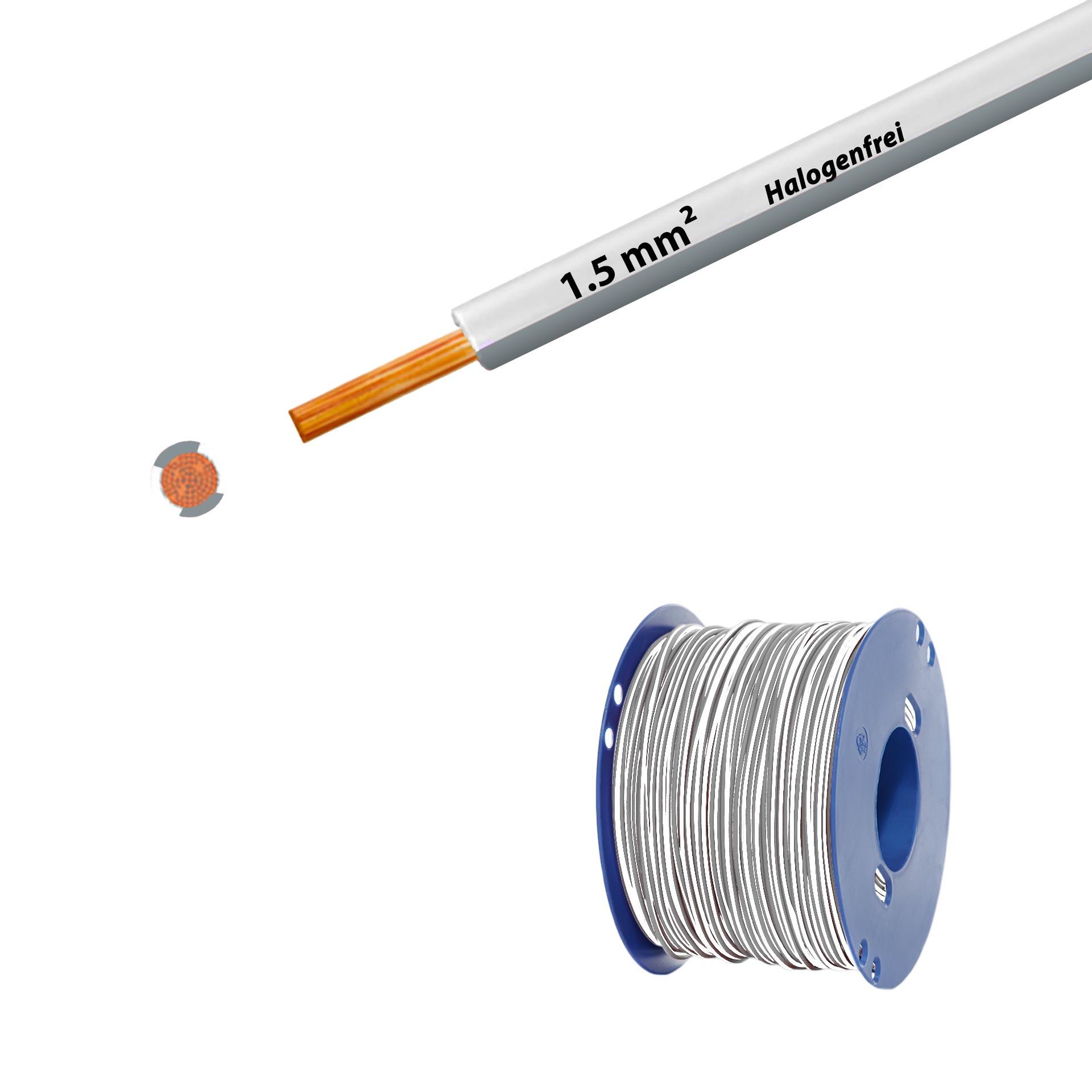 Litze halogenfrei 90° C , 750V, 1.50mm2, weiss-grau (RAL 9010/7001), auf Kunststoffrolle