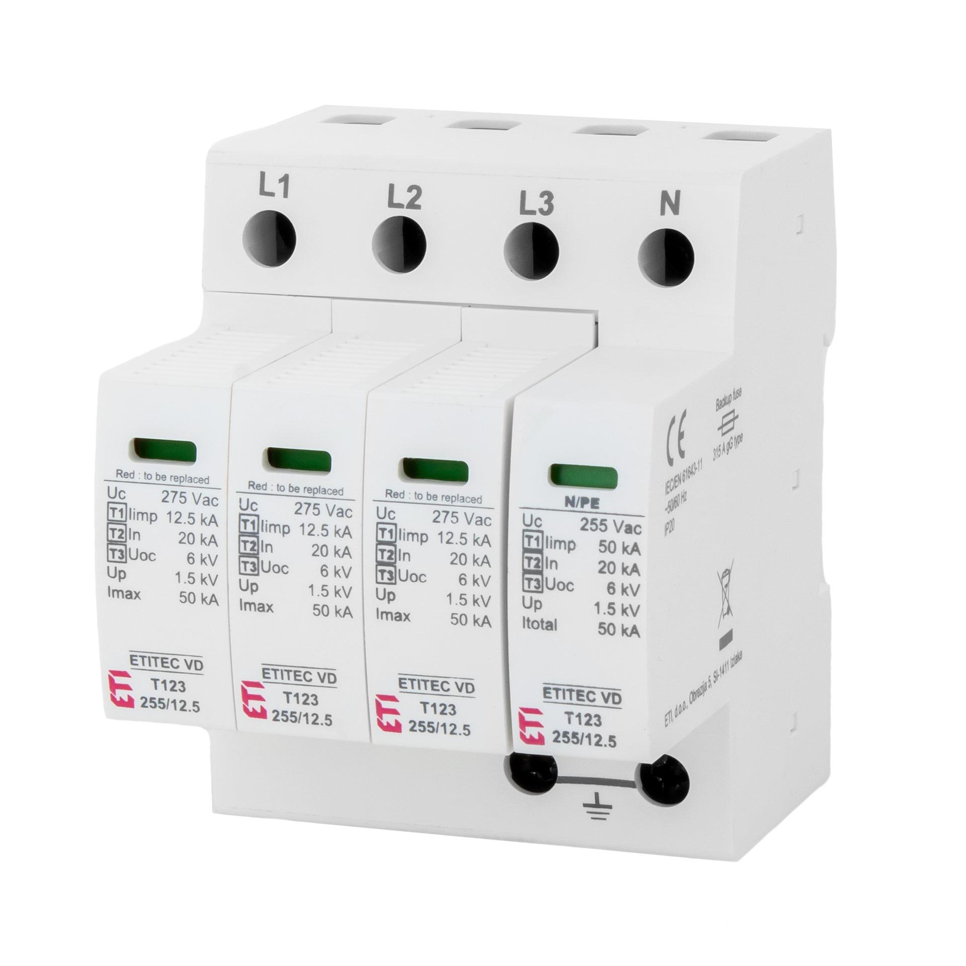Überspannungsableiter Typ 1+2+3, ETITEC VD T123 255/12,5 3+1 RC Leckstromfrei, (TN-S & TT)