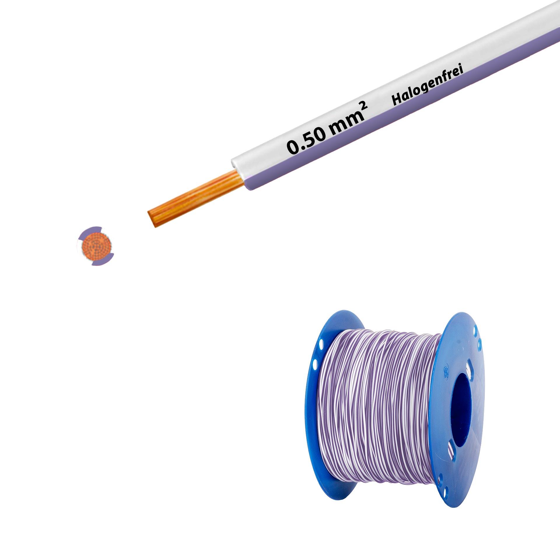 Litze halogenfrei 90° C , 500V, 0.50mm2, weiss-violett (RAL 9010/4005), auf Kunststoffrolle