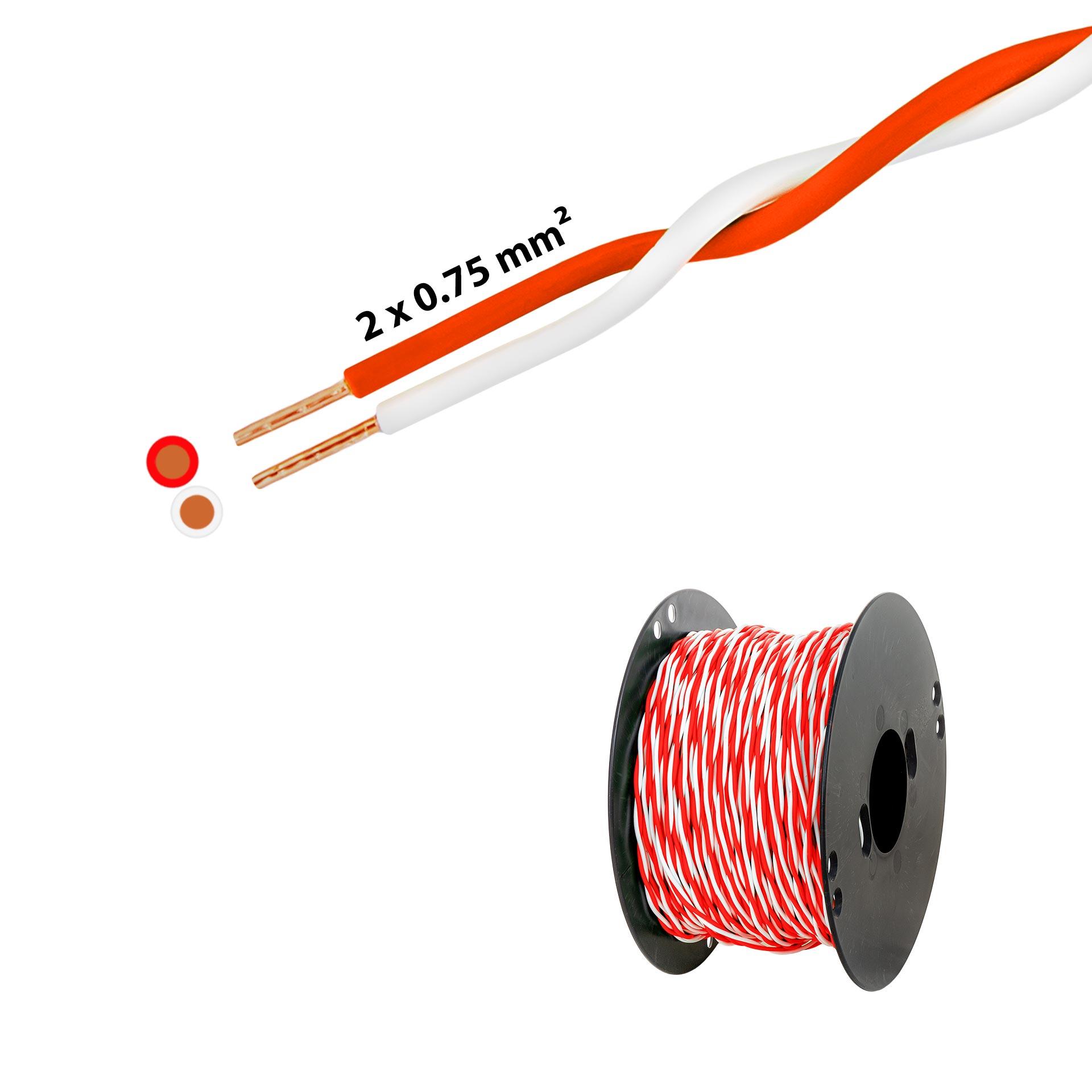 Verdrillter T-Draht 2 x 0.75mm2, weiss-rot, auf Kunststoffrolle