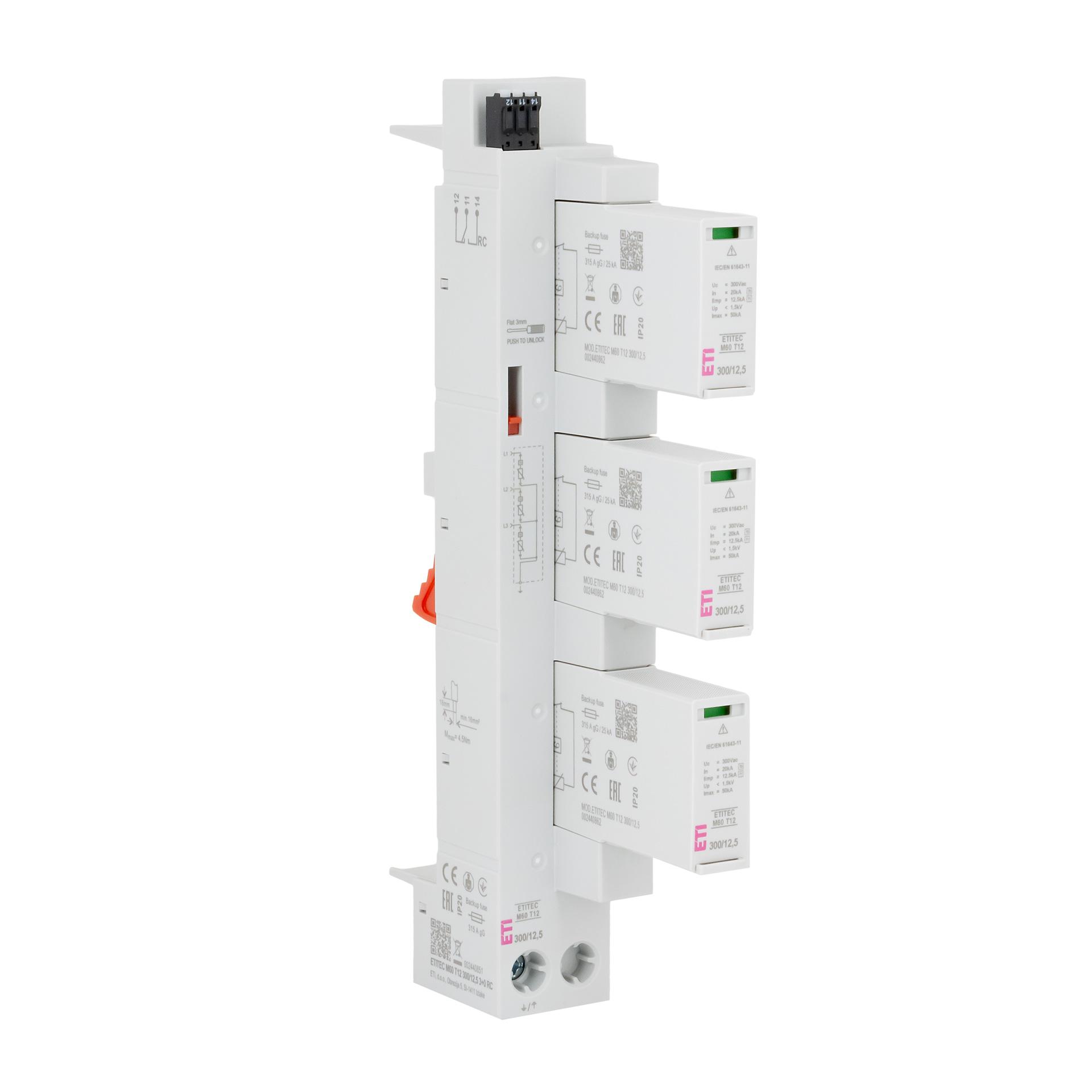 Überspannungsableiter Typ 1+2, ETITEC M60 T12 300/12,5 3+0 RC, 60mm System