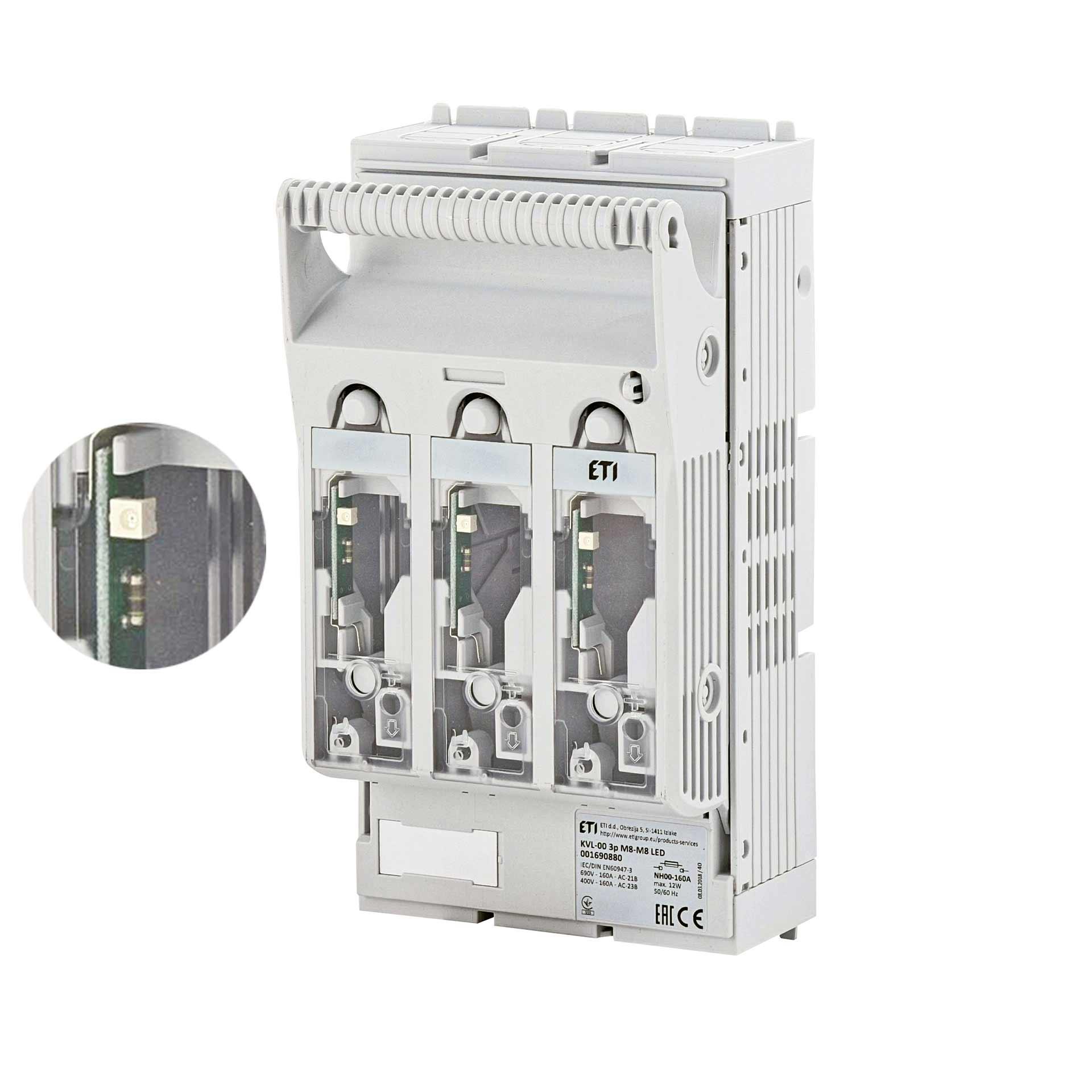 Sezionatore con fusibili NH taglia 00, 3P, max. 160A, KVL-00 M8-M8 LED (montaggio in superficie)