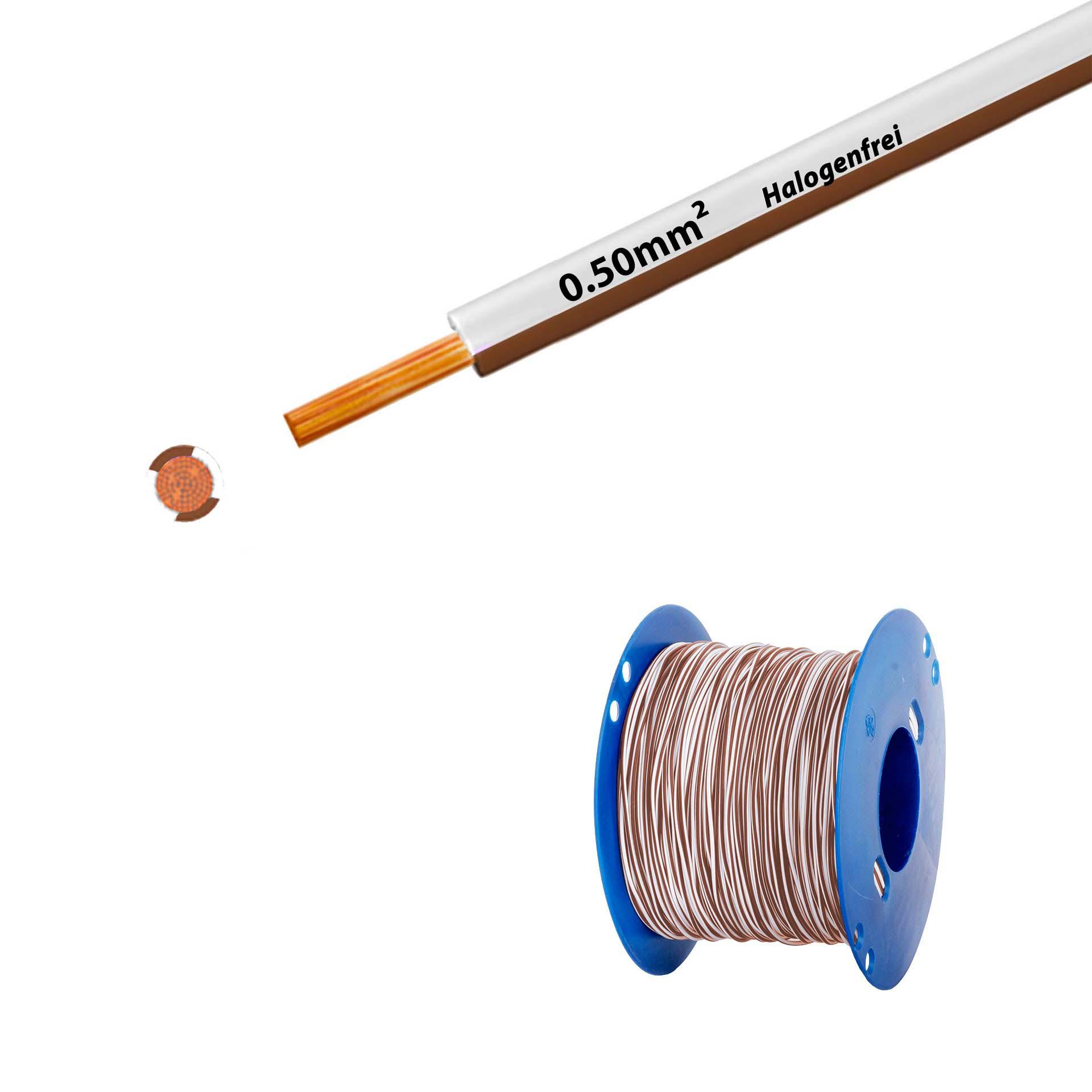 Litze halogenfrei 90° C , 500V, 0.50mm2, weiss-braun(RAL 9010/8003), auf Kunststoffrolle