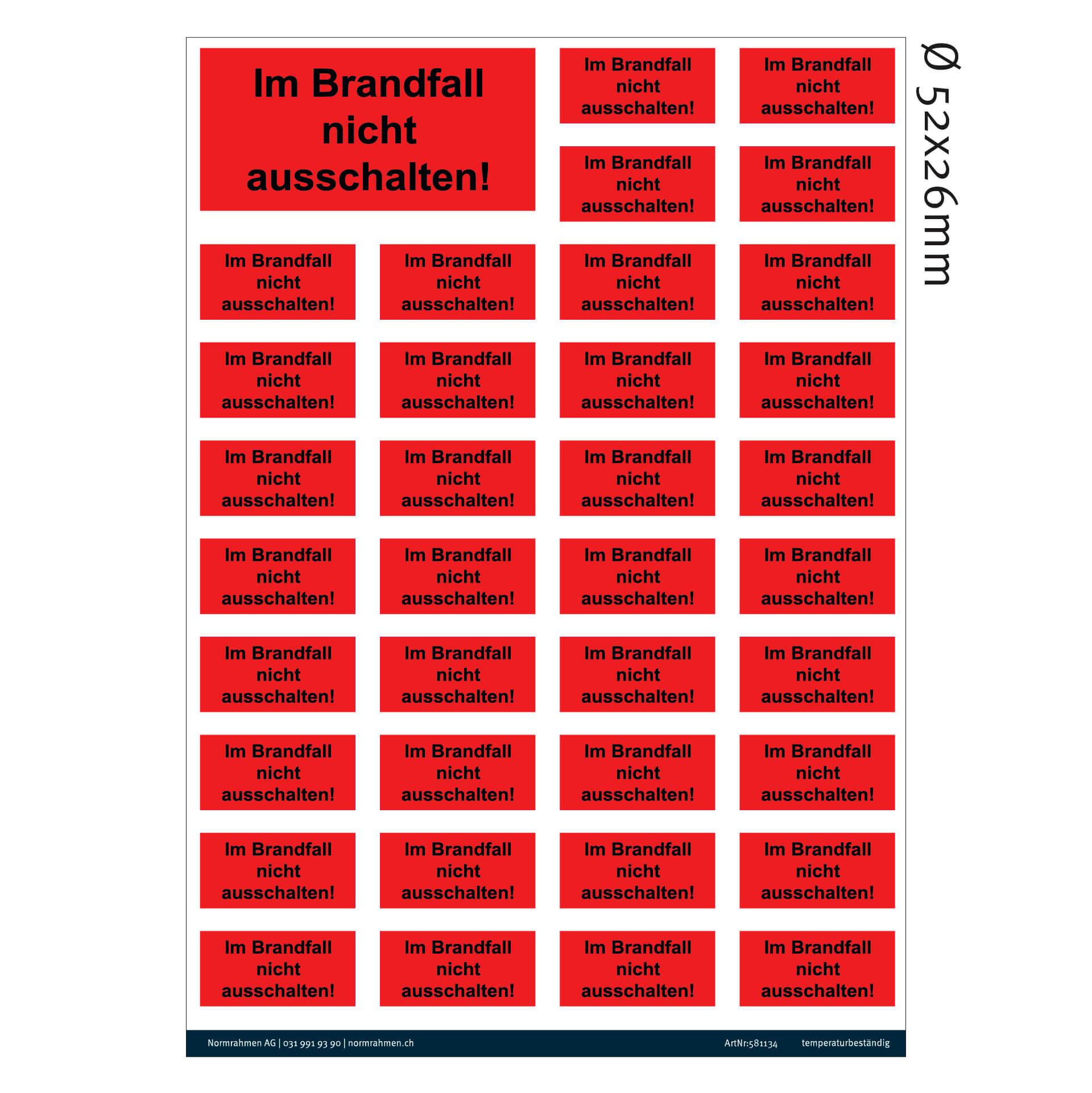Aufkleber Im Brandfall nicht ausschalten! rot 50x25, VPE 40 Stk. A4 Bogen