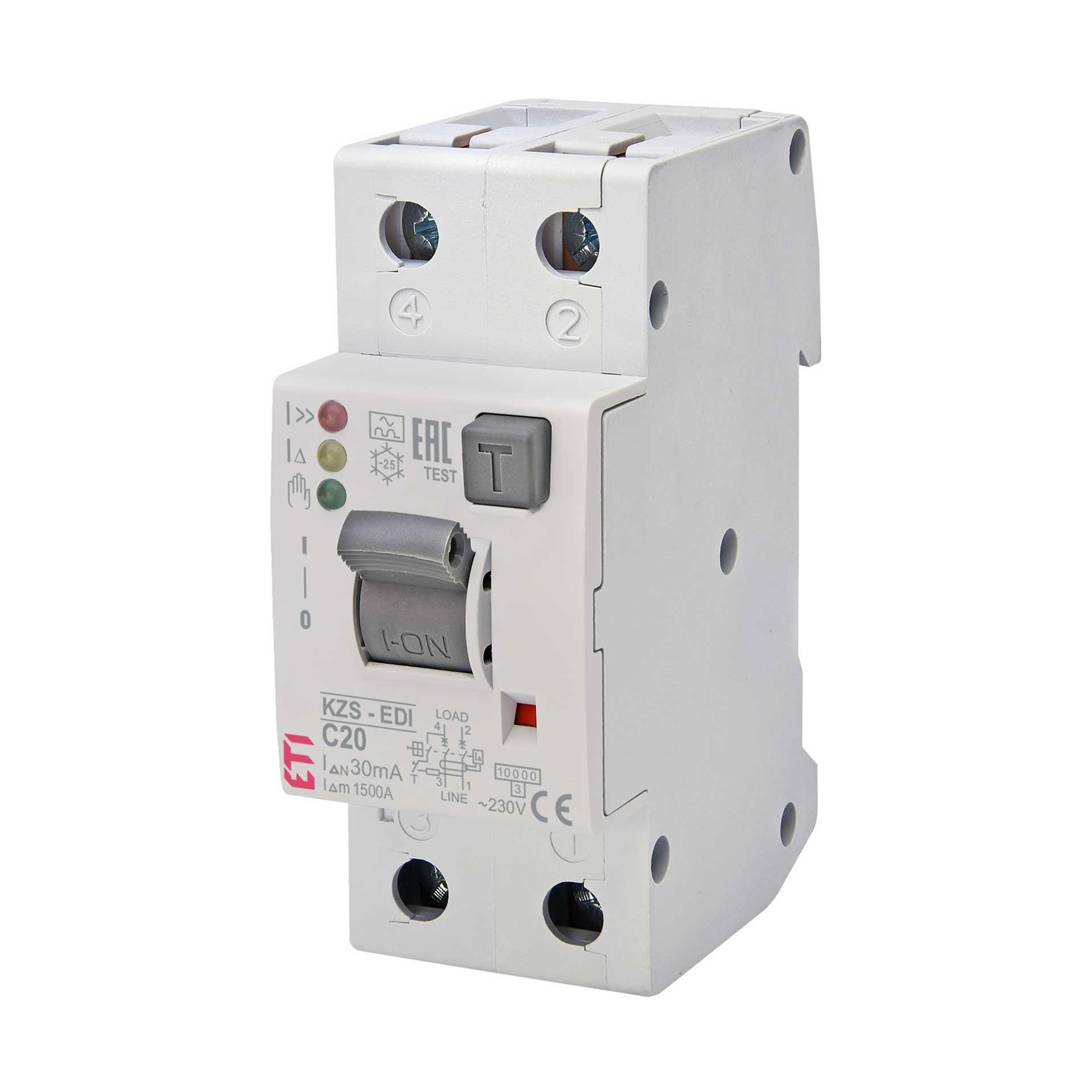 FI/LS mit LED Signalisierung, KZS-2M, Typ-A, 2-polig EDI, Charakteristik C / 20A, 10kA (0.03A)