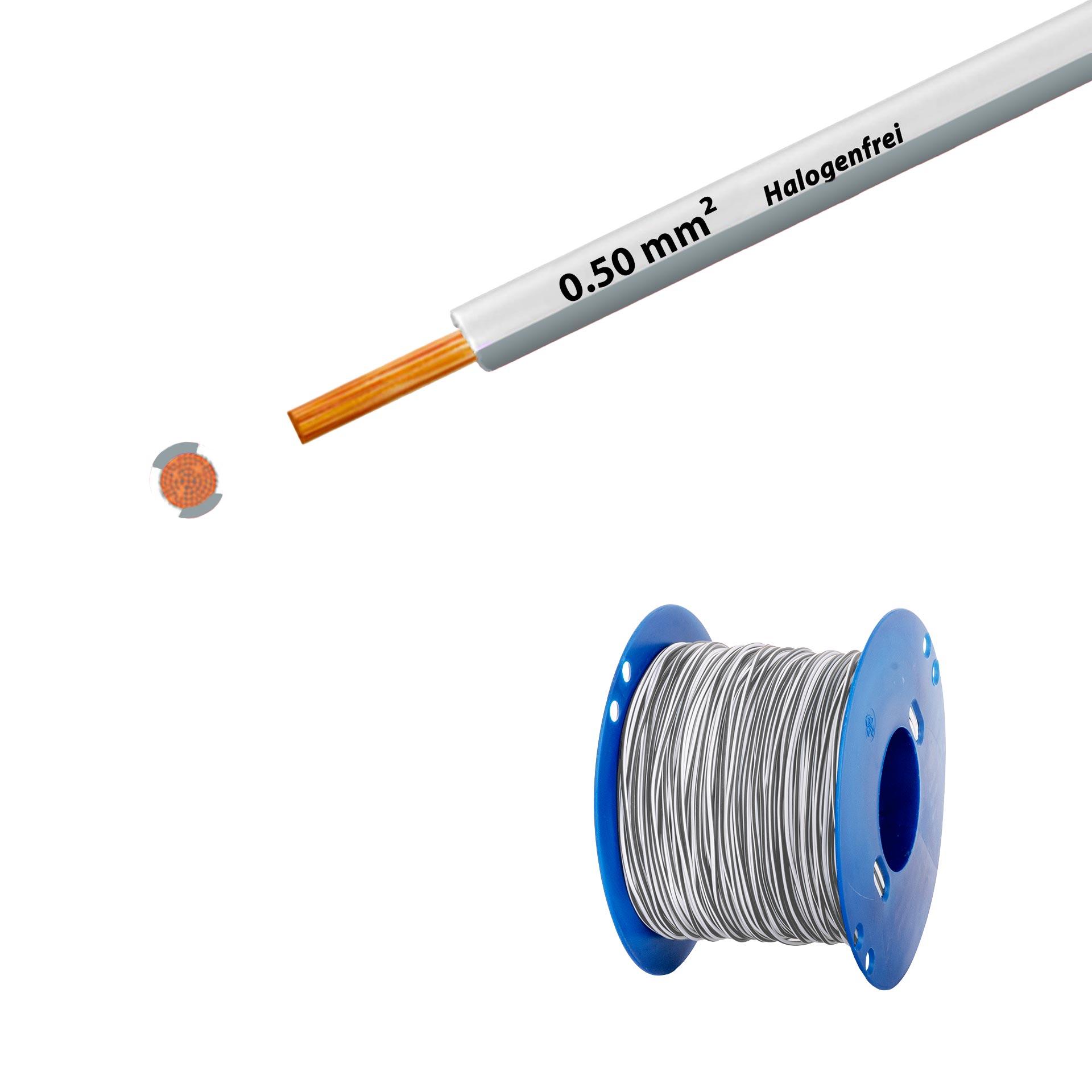 Litze halogenfrei 90° C , 500V, 0.50mm2, weiss-grau (RAL 9010/7001), auf Kunststoffrolle