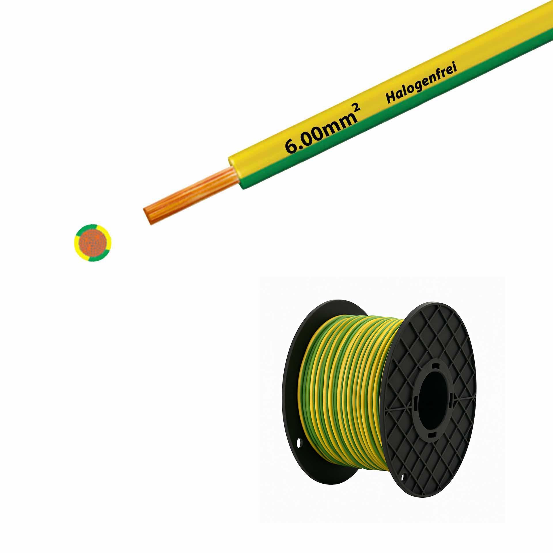 Litze halogenfrei 90° C, 500V, 6.00mm2, gelb-grün (RAL 1021/6018), auf Kunststoffrolle gross