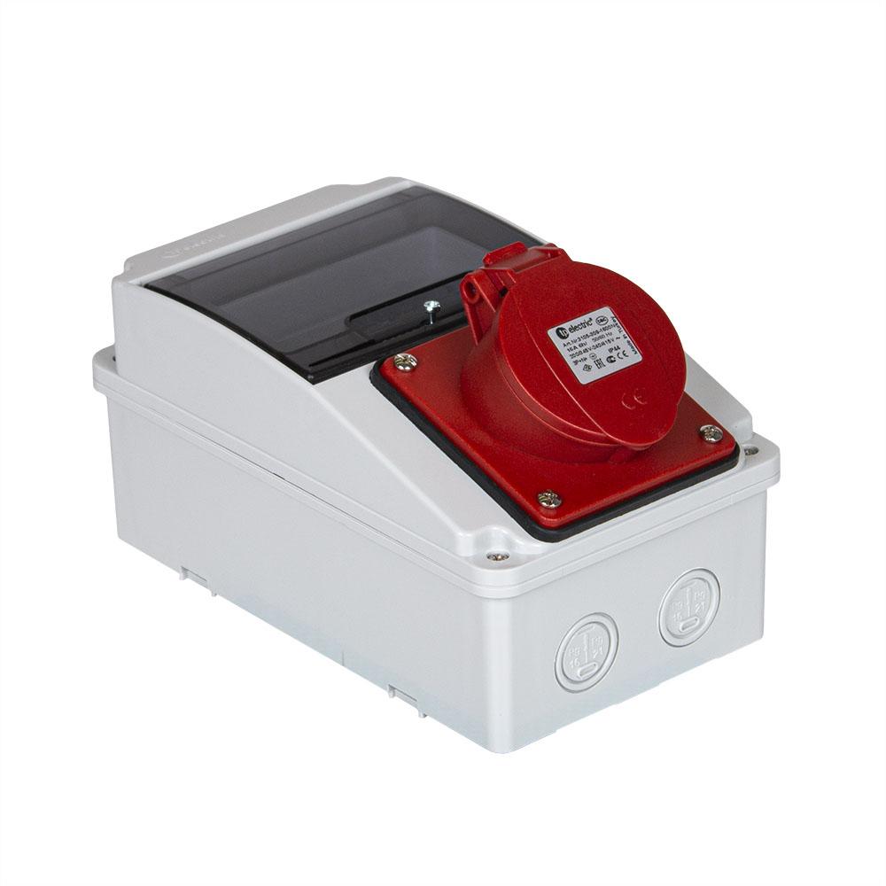 AP-Steckdose mit Sichtfenster für 5 Module CEE 32A 5P 6h, 3PNE 400V, vernickelte Kontakte