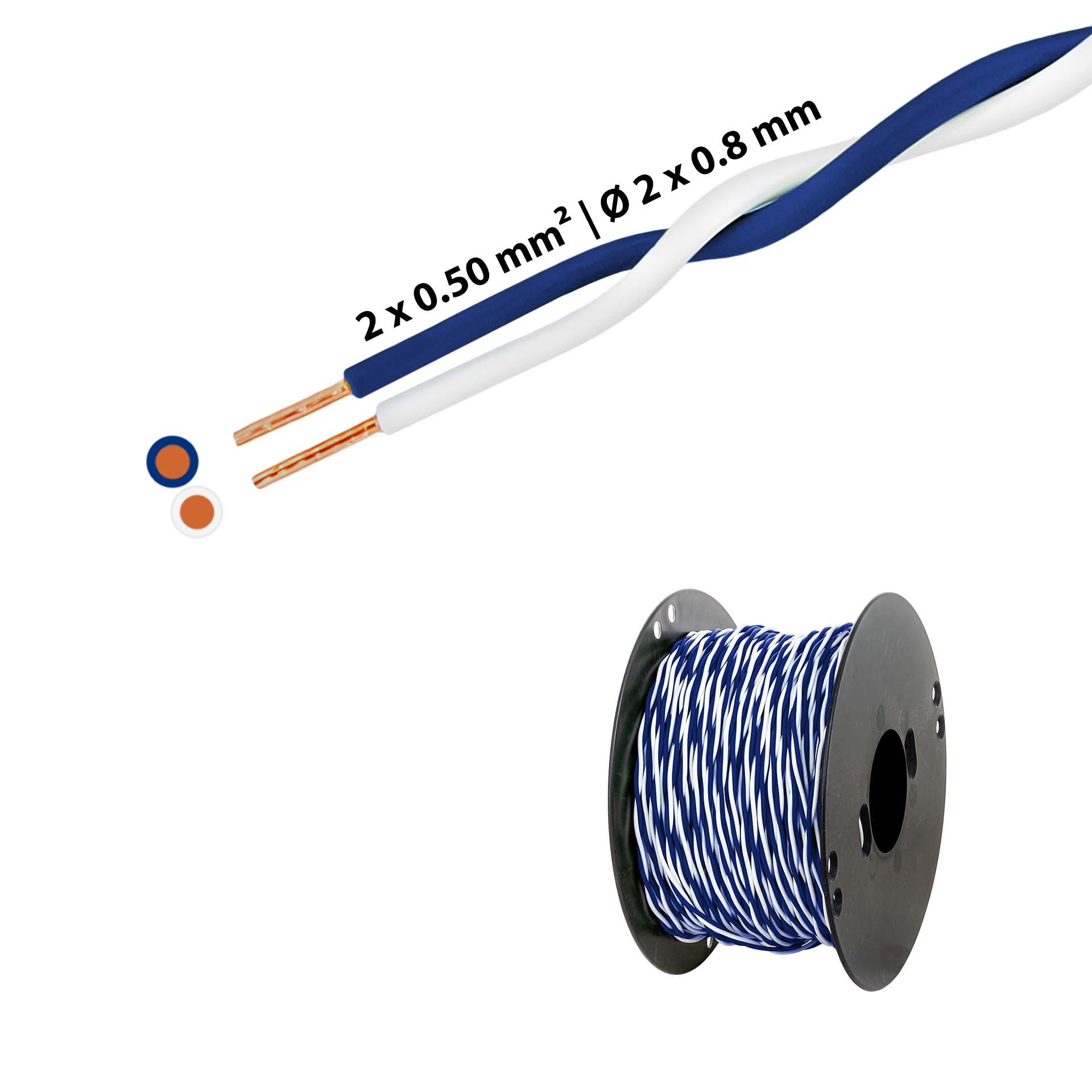Verdrillter T-Draht 2 x 0.5mm2, weiss-dunkelblau, auf Kunststoffrolle