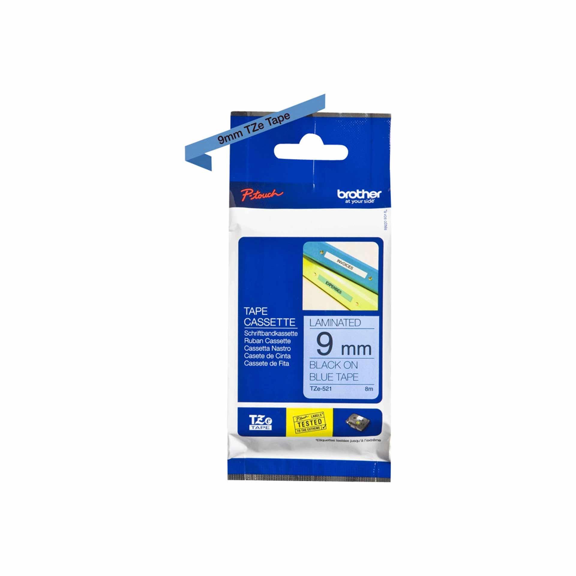 Schriftbandkassette Brother, 9mm x 8m, P-Touch TZE-521, Band blau / Schrift schwarz