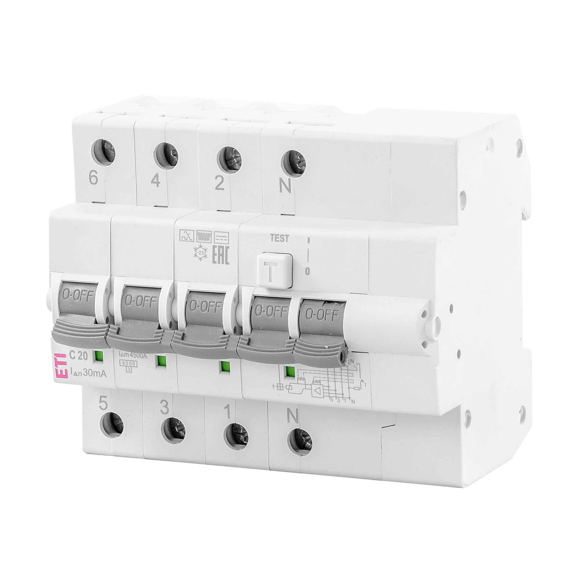 FI/LS,  KZS-6M, Typ-B, 3-polig+N, Charakteristik C / 20A, 6kA (0.03A)