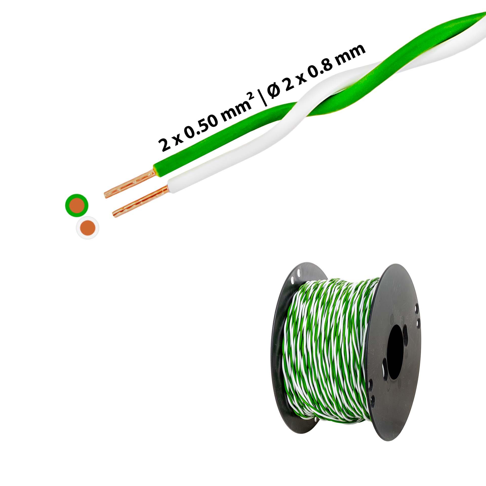 Verdrillter T-Draht 2 x 0.5mm2, weiss-grün, auf Kunststoffrolle