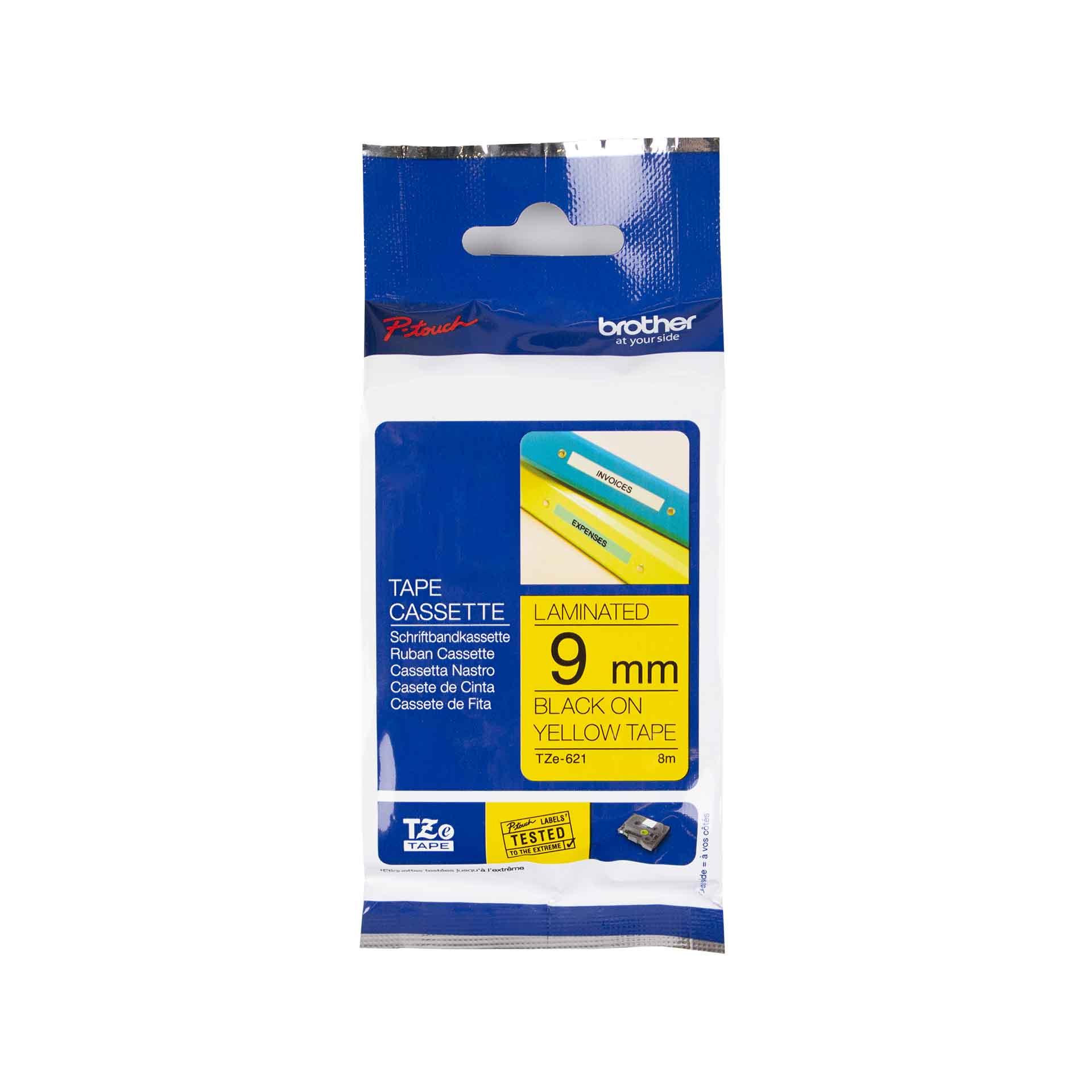 Schriftbandkassette Brother, 9mm x 8m, P-Touch TZE-621, Band gelb / Schrift schwarz