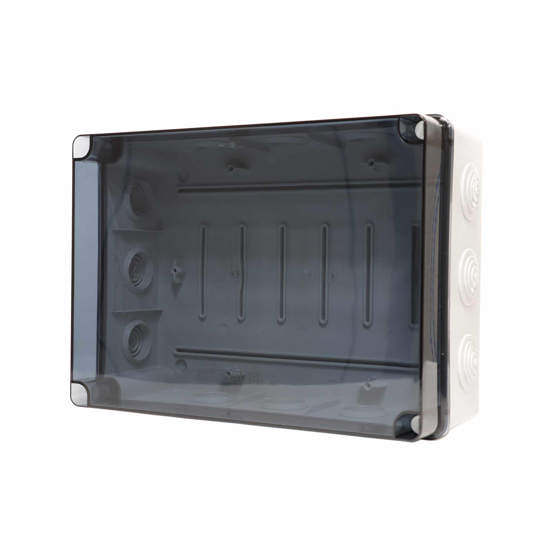 IP65 Abzweigdose, mit transp. Deckel geschraubt, mit flex. Einführungen 12xM40, LxBxT 253x342x132mm
