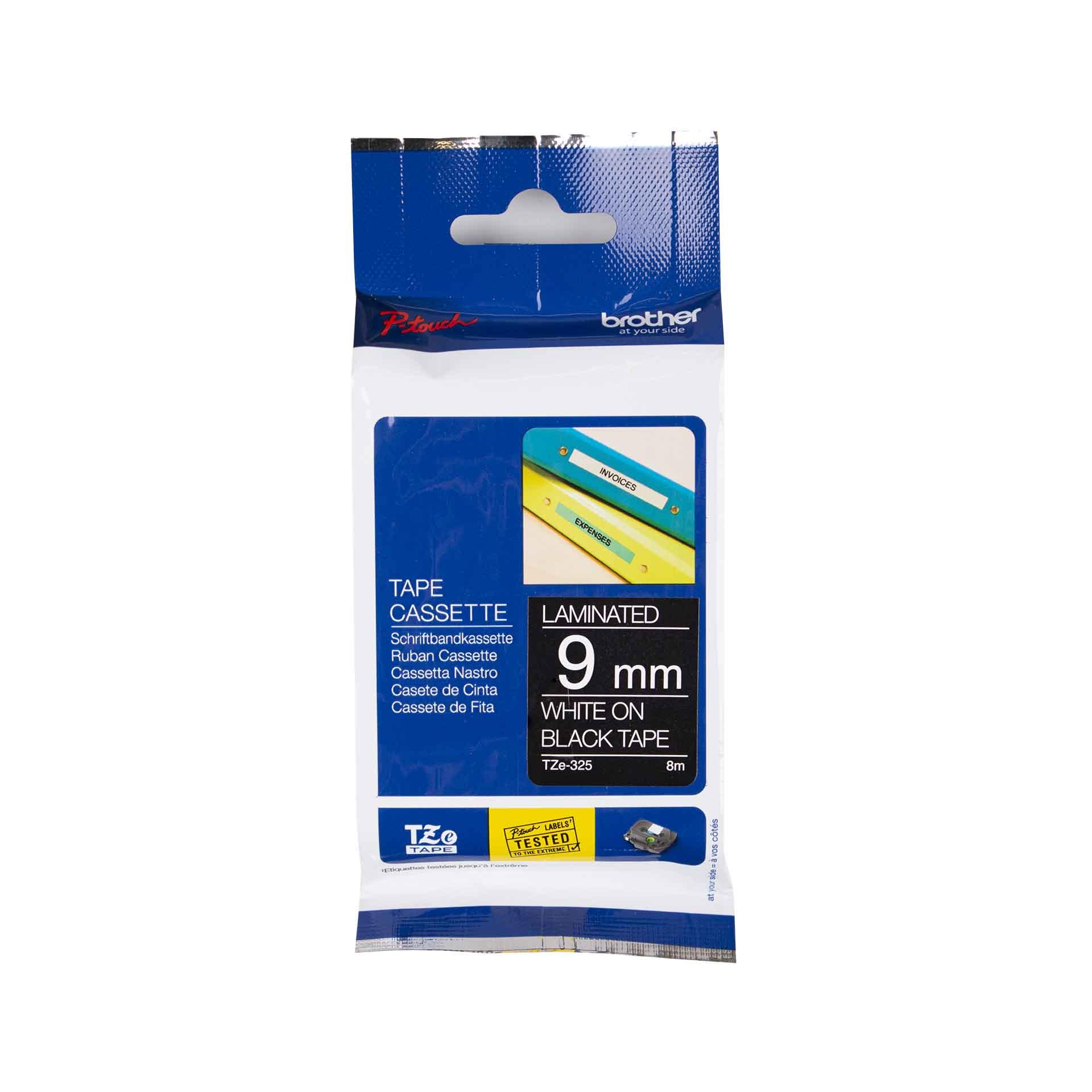 Schriftbandkassette Brother, 9mm x 8m, P-Touch TZE-325, Band schwarz / Schrift weiss