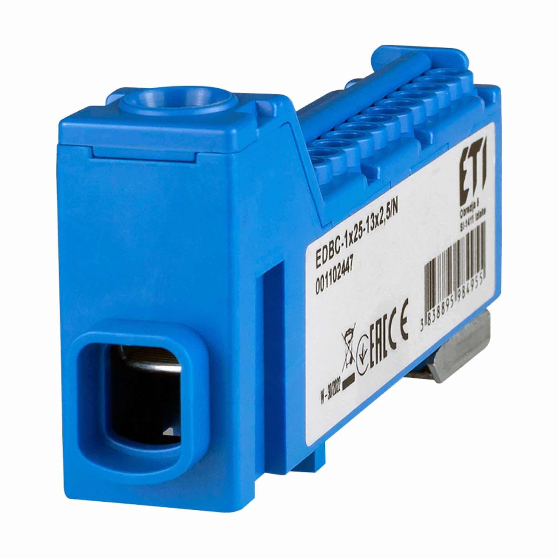 Klemmblock, blau, 63A, Eingang: 1x2.5-25mm² und Ausgänge: 13x2,5mm²