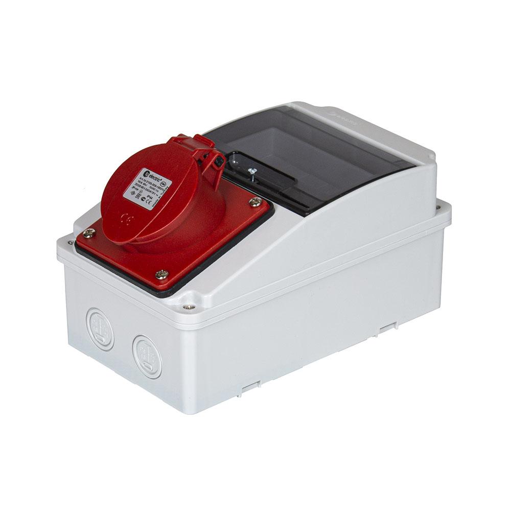 AP-Steckdose mit Sichtfenster für 5 Module CEE 16A 5P 6h, 3PNE 400V, vernickelte Kontakte