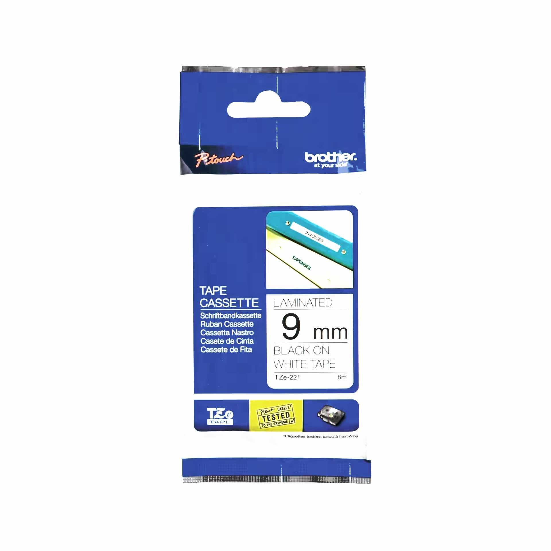 Schriftbandkassette Brother, 9mm x 8m, P-Touch TZE-221, Band weiss / Schrift schwarz