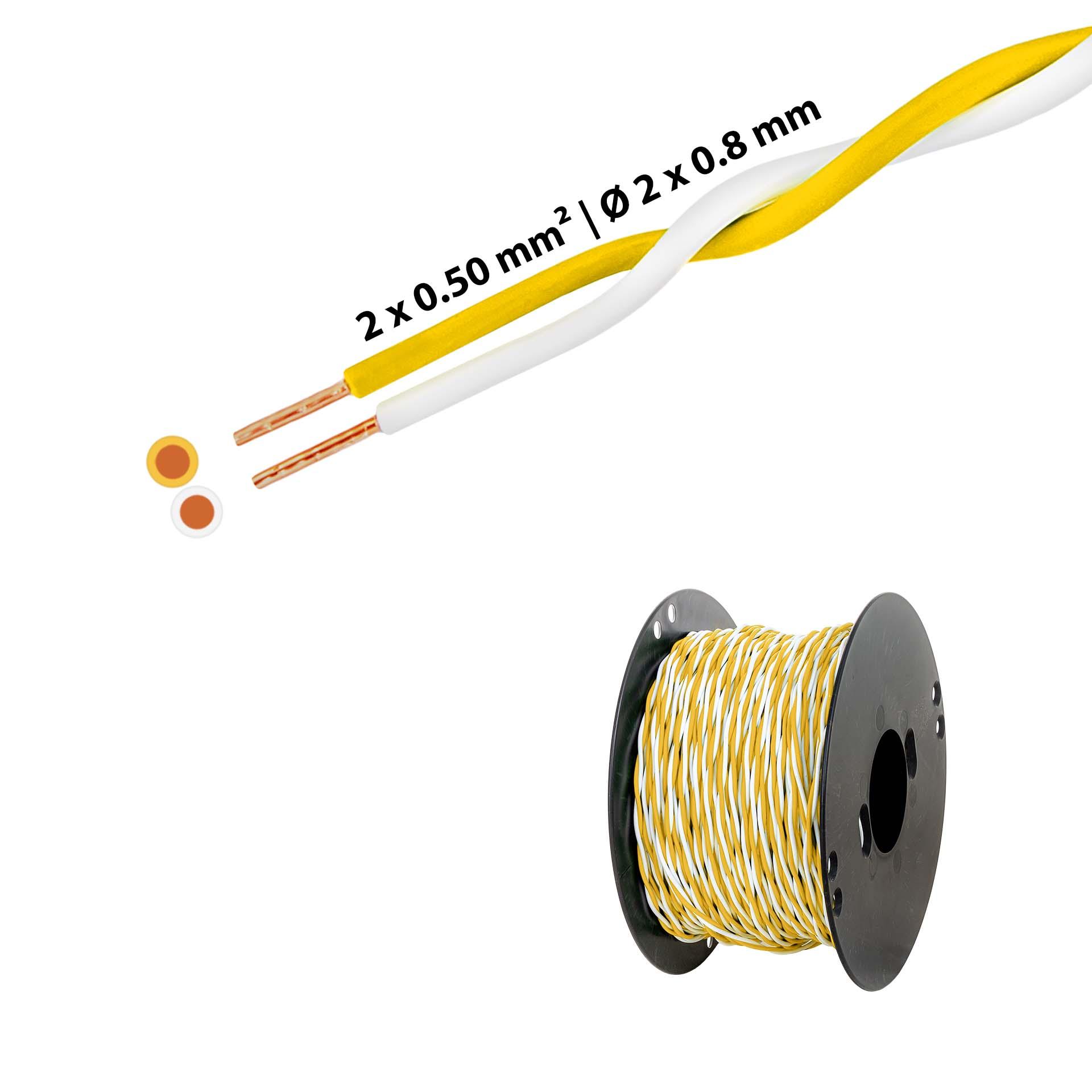 Verdrillter T-Draht 2 x 0.5mm2, weiss-gelb, auf Kunststoffrolle