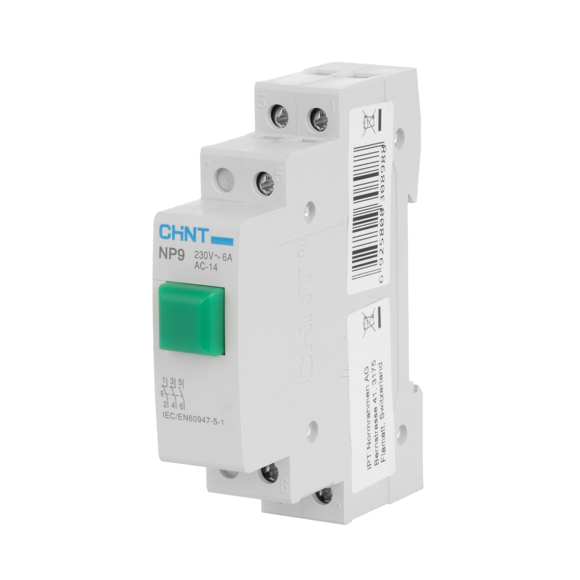 Chint REG Taster (grün), 1-Modul, 230V AC/DC, 16A (Ith), 6A (Ie),  2-Schlies. & 1-Öffn.,Typ NP9-21/1