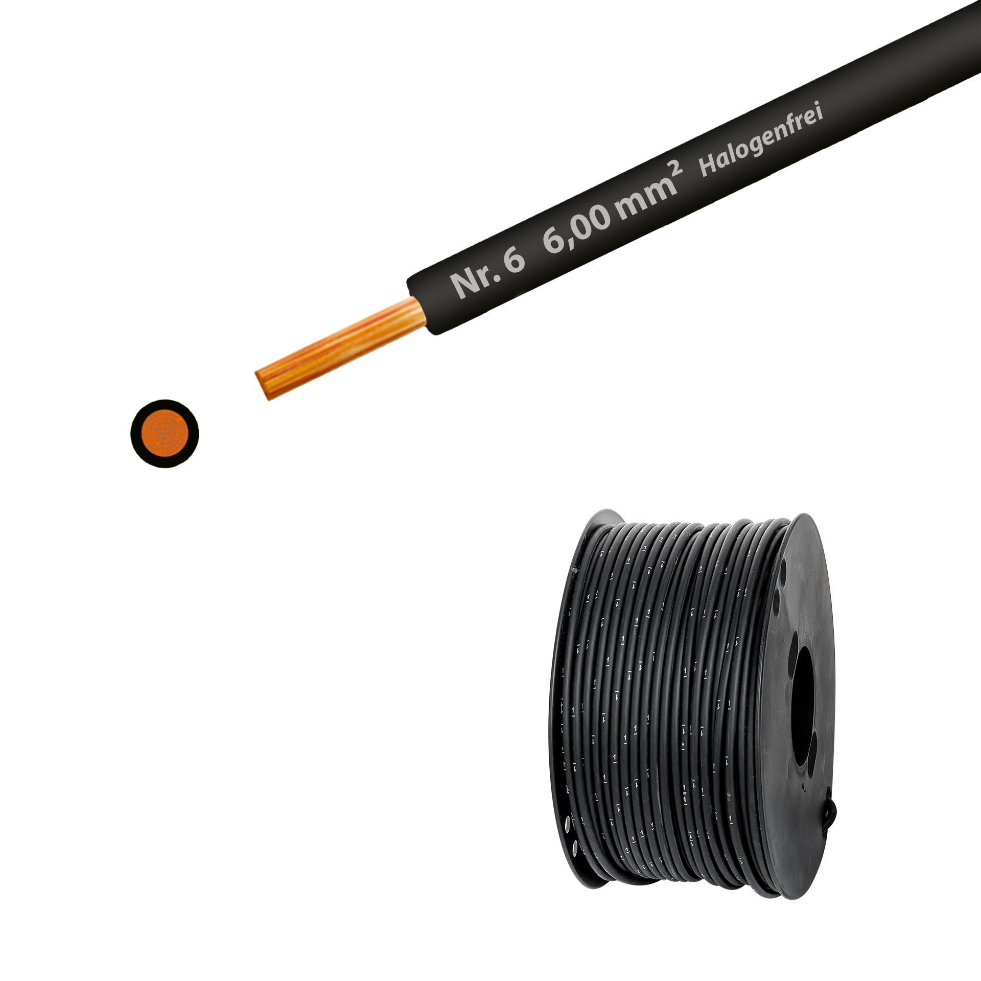 Litze halogenfrei 90° C , 750V, 6.00mm2, schwarz Nr. 6 (RAL 9005), auf Kunststoffrolle