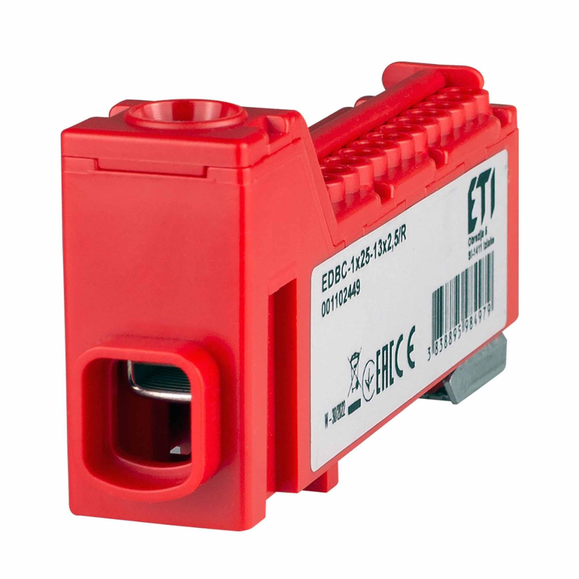 Klemmblock, rot, 63A, Eingang: 1x2.5-25mm² und Ausgänge: 13x2,5mm²