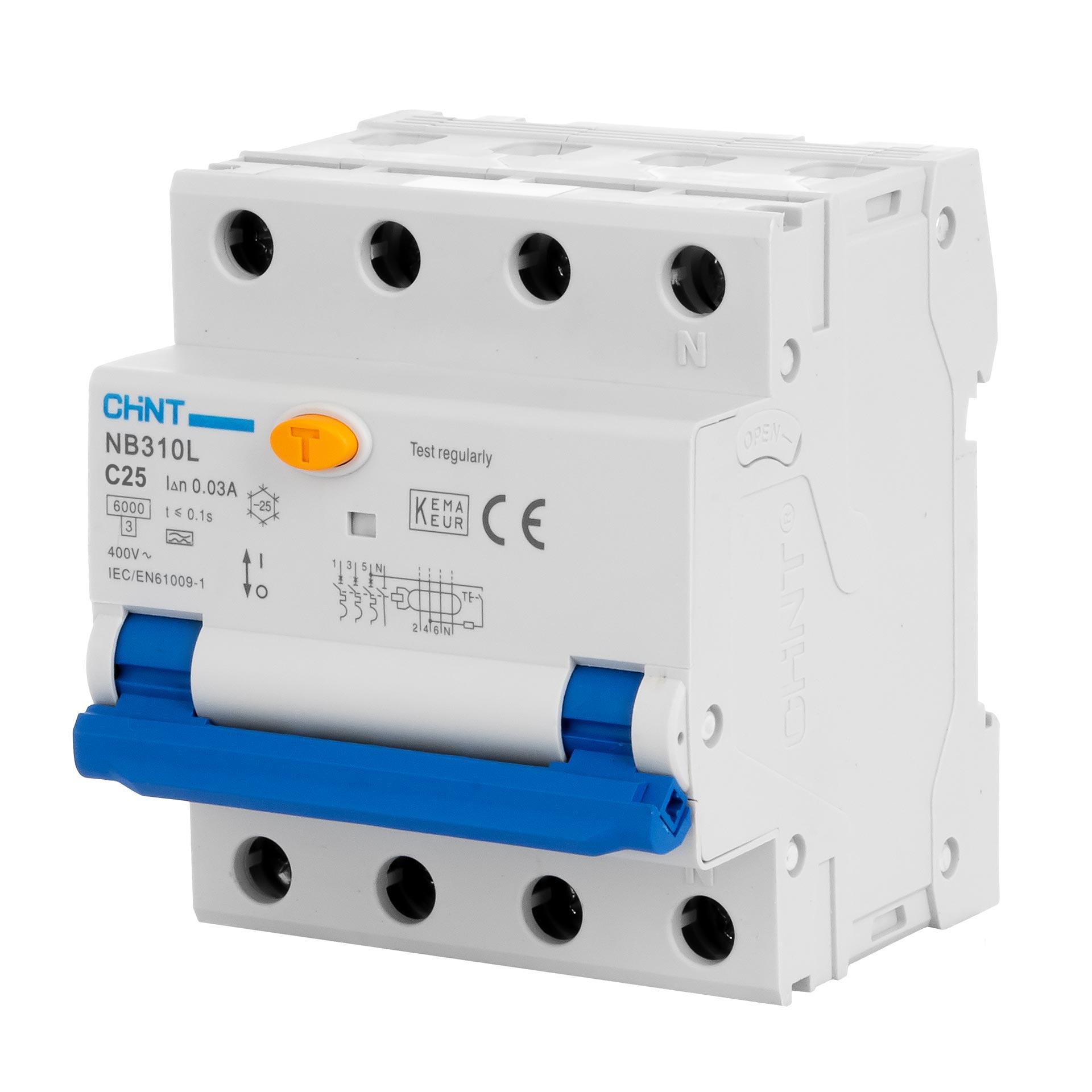 Chint FI/LS - RCBO, Typ A, 3P+N, Charakteristik C / 25A, 6kA, 30mA, Typ NB310L