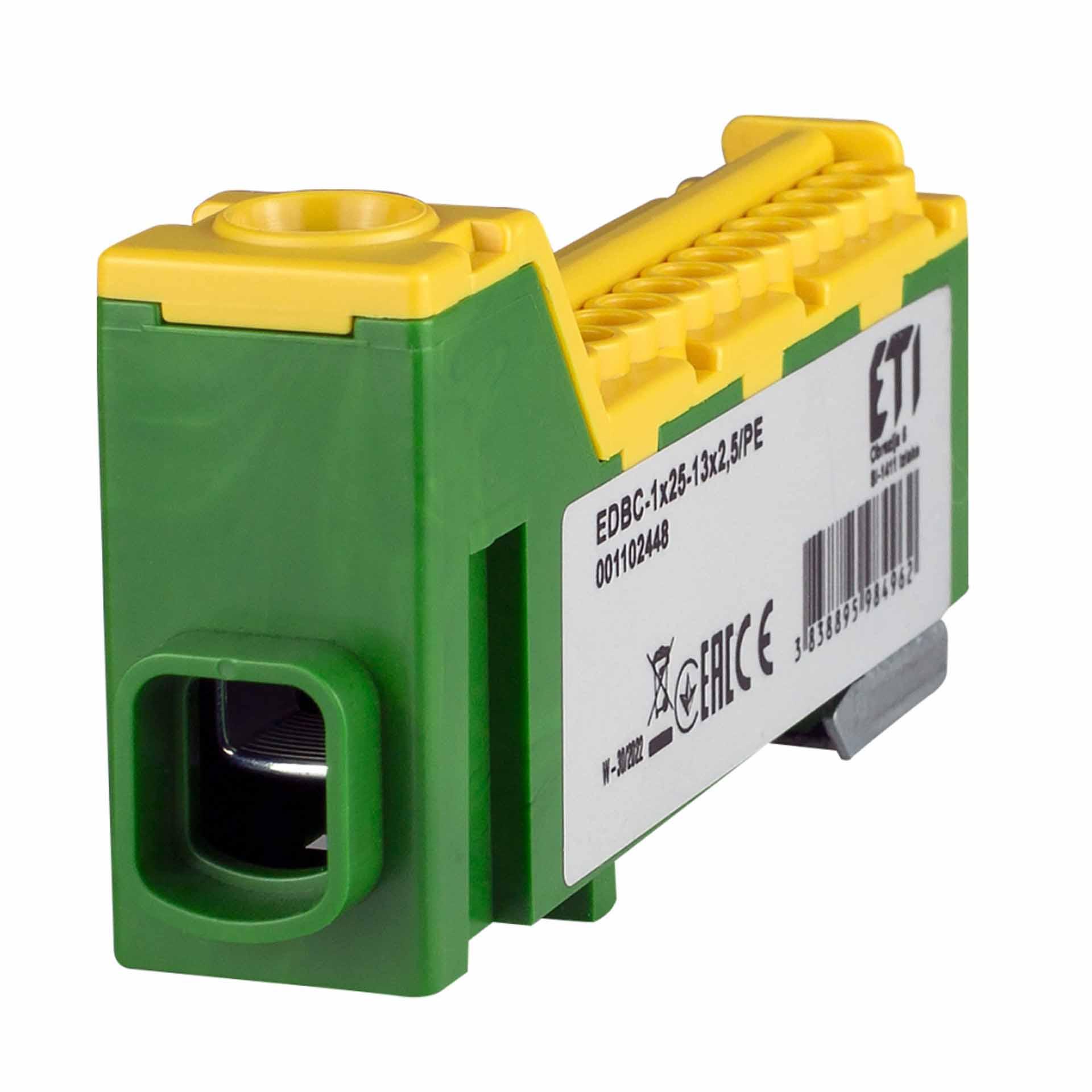 Klemmblock, gelb-grün, 63A, Eingang: 1x2.5-25mm² und Ausgänge: 13x2,5mm²