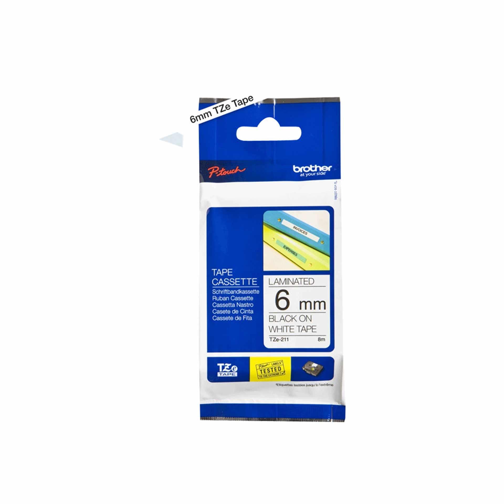Schriftbandkassette Brother, 6mm x 8m, P-Touch TZE-211, Band weiss / Schrift schwarz