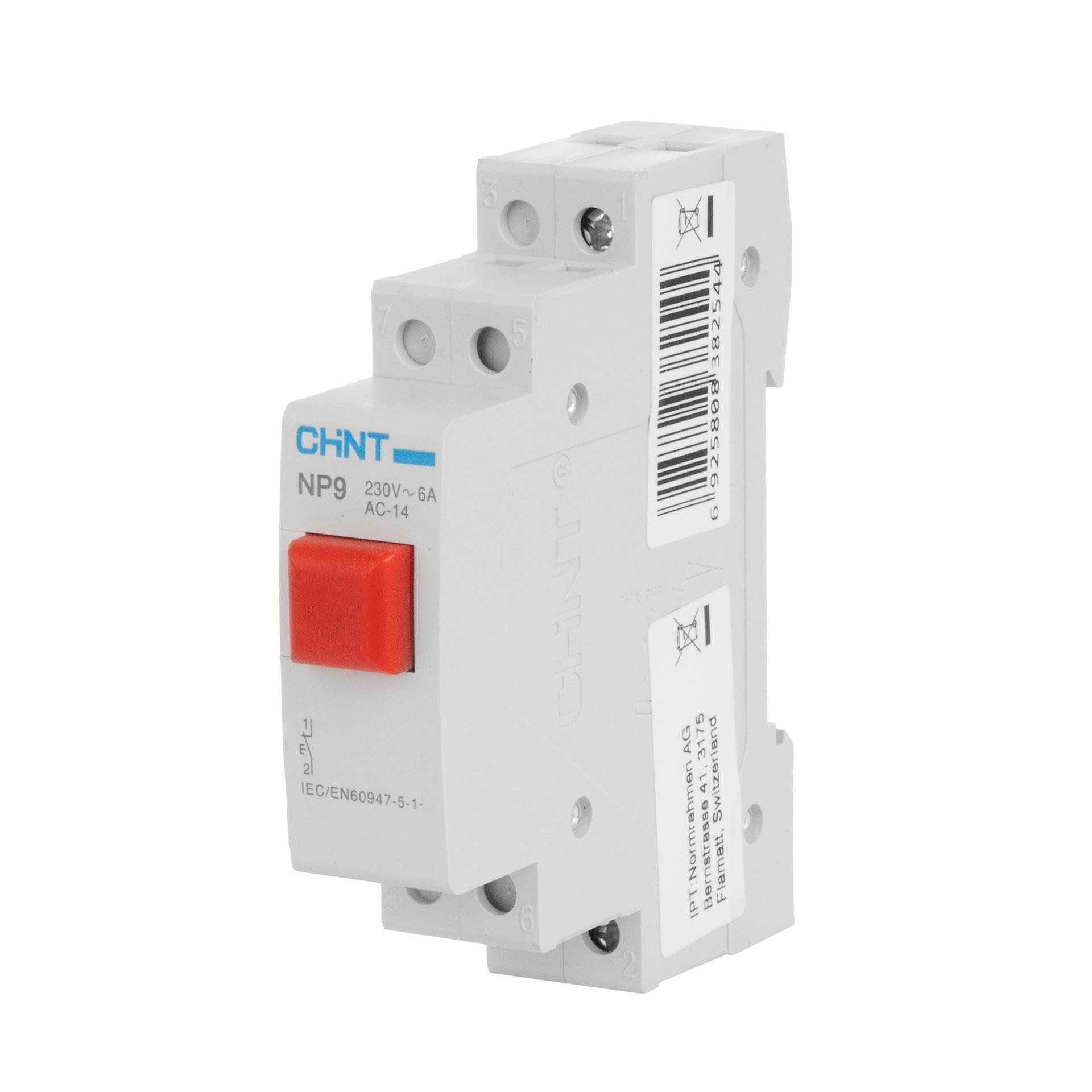 Chint REG Taster (rot), 1-Modul, 230V AC/DC, 16A (Ith), 6A (Ie), 1-Öffner, Typ NP9-01/2