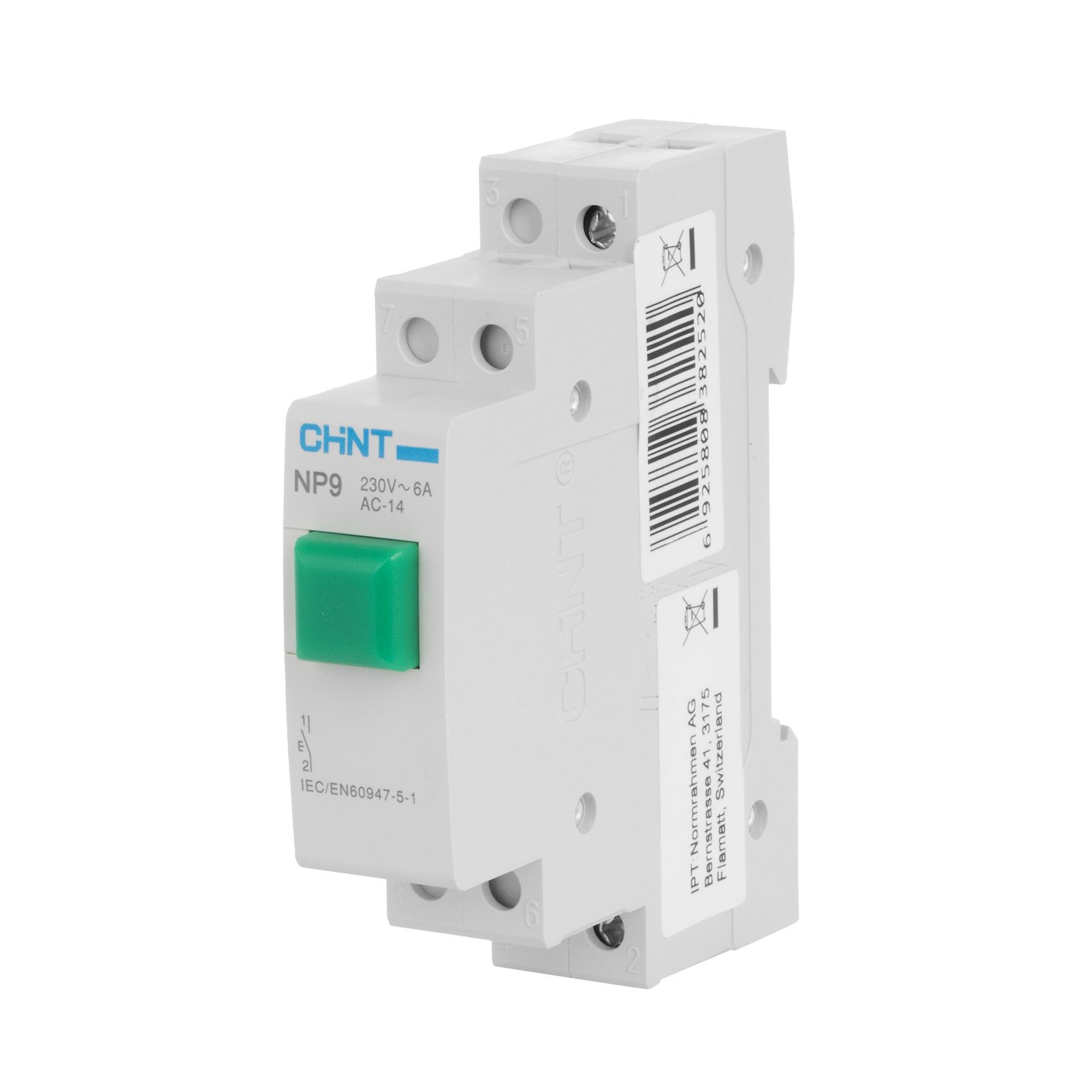 Chint REG Taster (grün), 1-Modul, 230V AC/DC, 16A (Ith), 6A (Ie), 1-Schliesser, Typ NP9-10/1