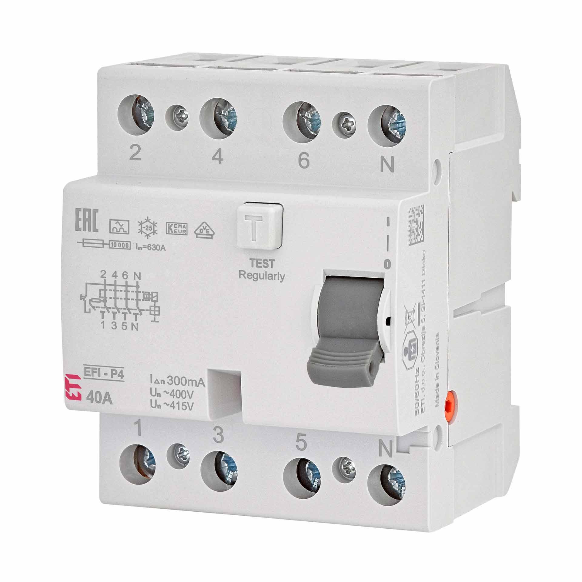 Fehlerstromschutzschalter unverzögert, EFI-P4, Typ-A, 4-polig, 40A, 10kA (0.3A)