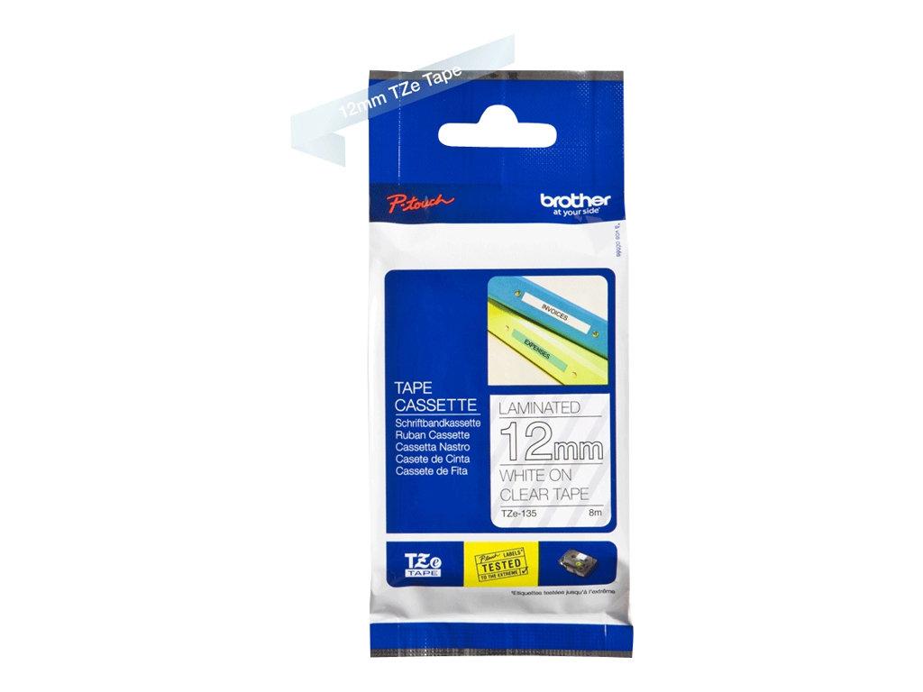 Schriftbandkassette Brother, 12mm x 8m, P-Touch TZE-135, Band transparent / Schrift weiss