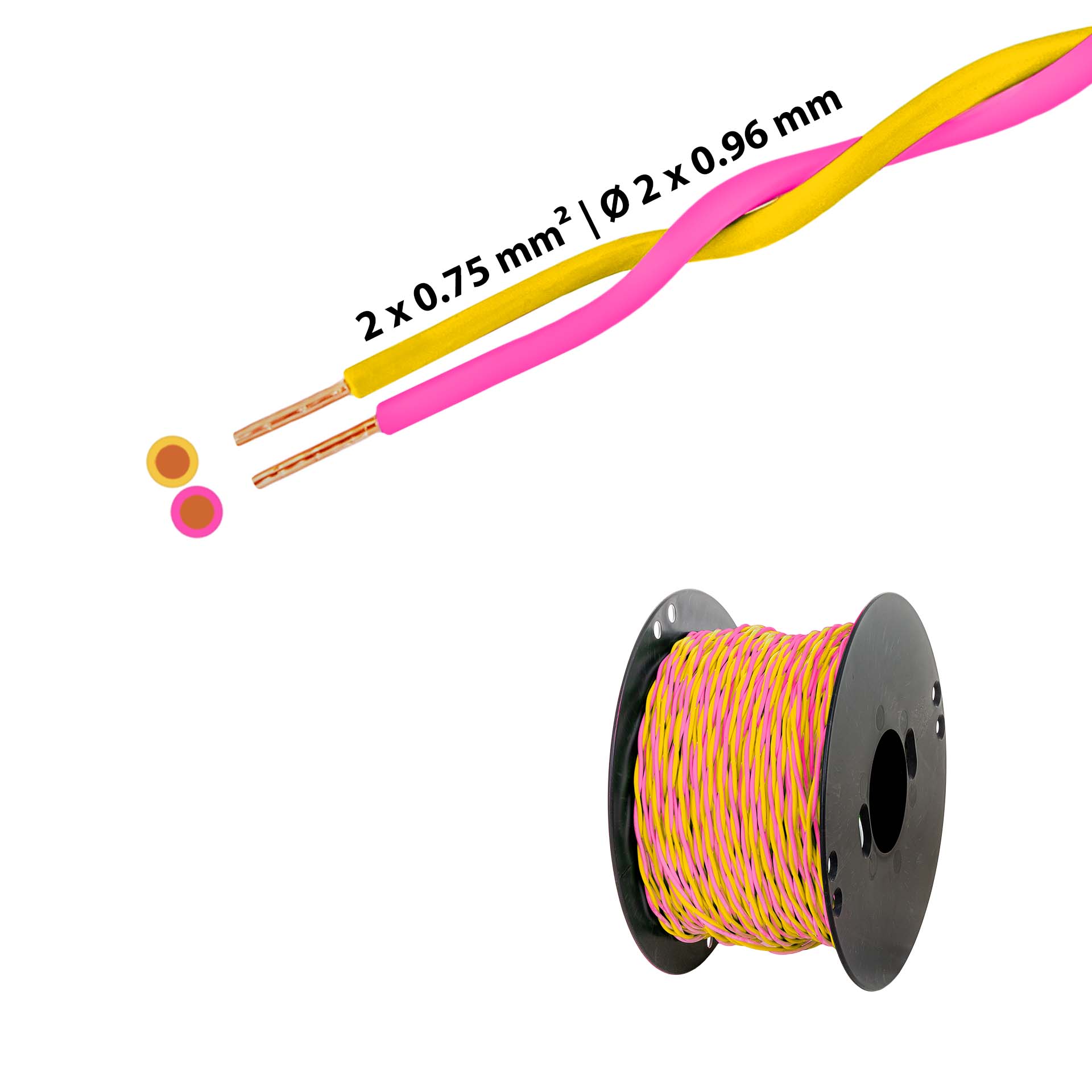Verdrillter T-Draht 2 x 0.75mm2, gelb-rosa, auf Kunststoffrolle