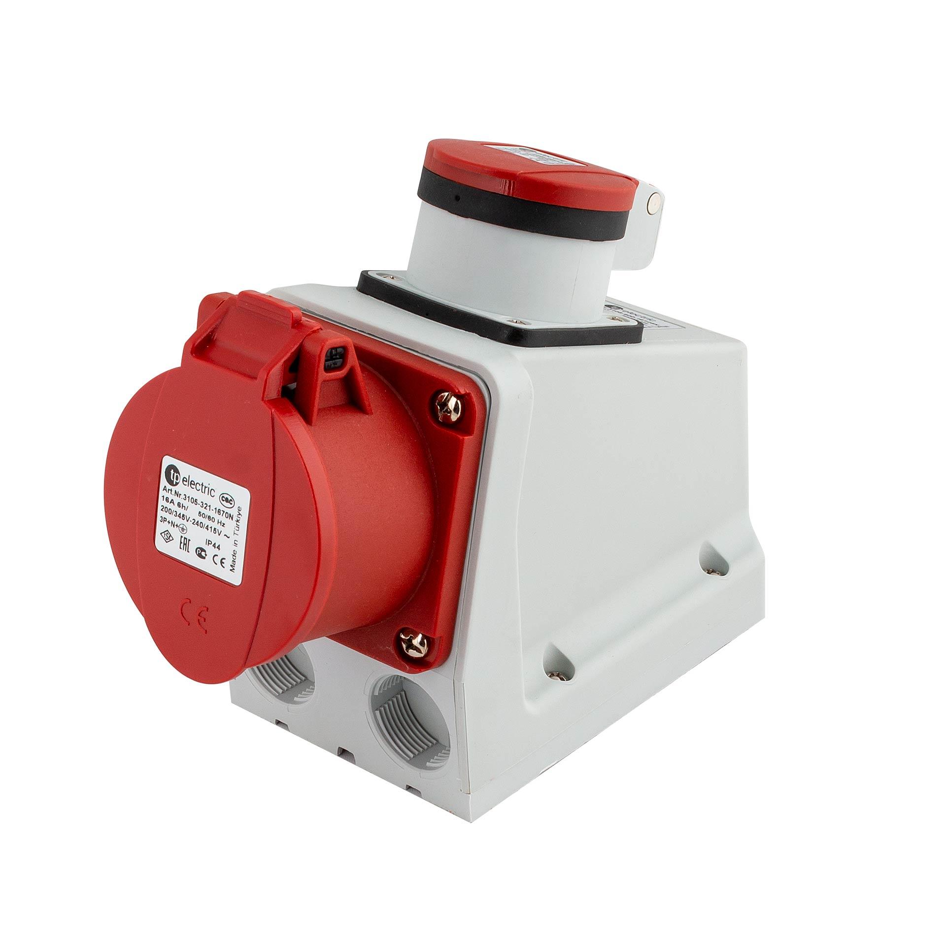 AP-Steckdose CEE 16A 5P 6h, 3PNE 400/230V mit T25 - IP55 (SN 441011), vernickelte Kontakte