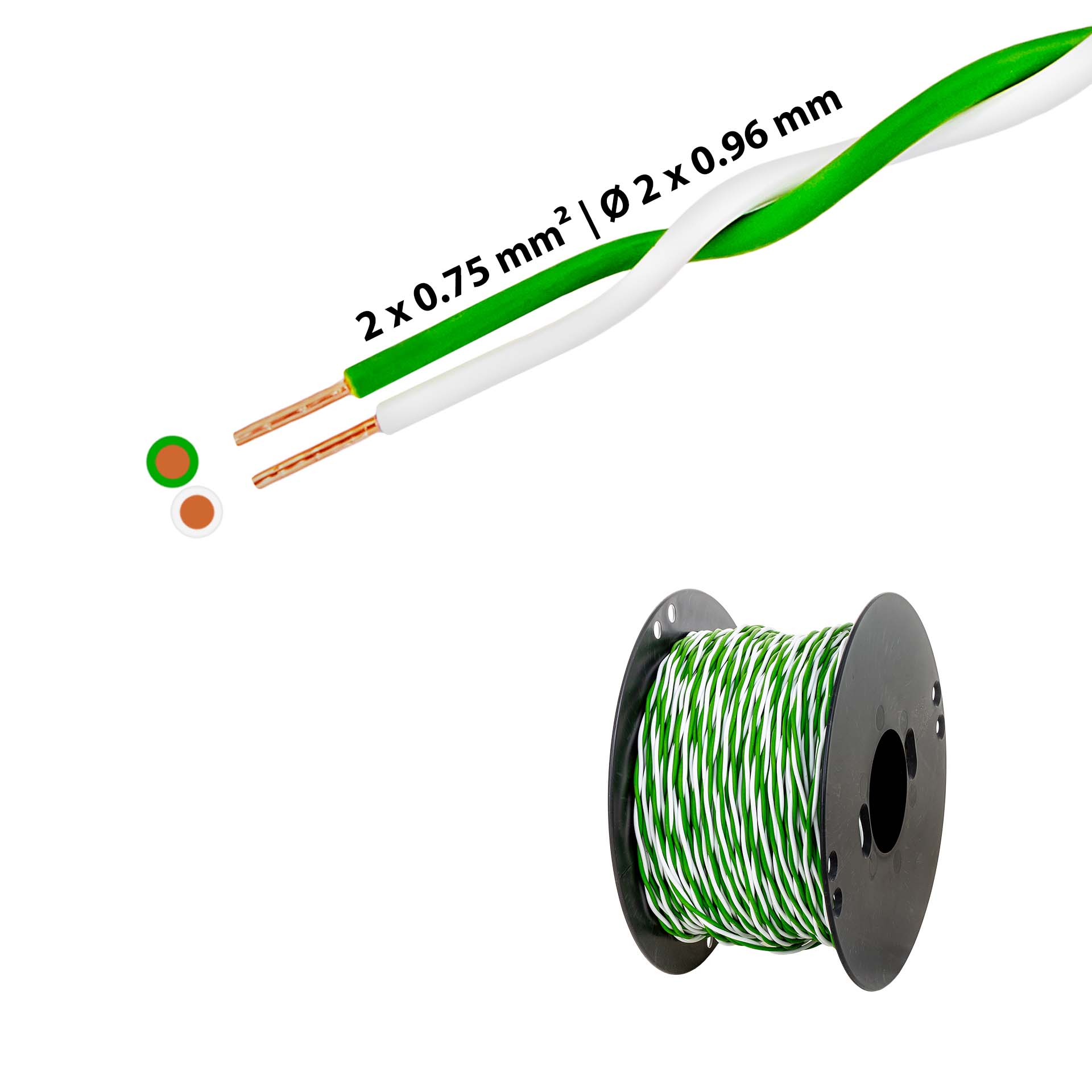 Verdrillter T-Draht 2 x 0.75mm2, weiss-grün, auf Kunststoffrolle