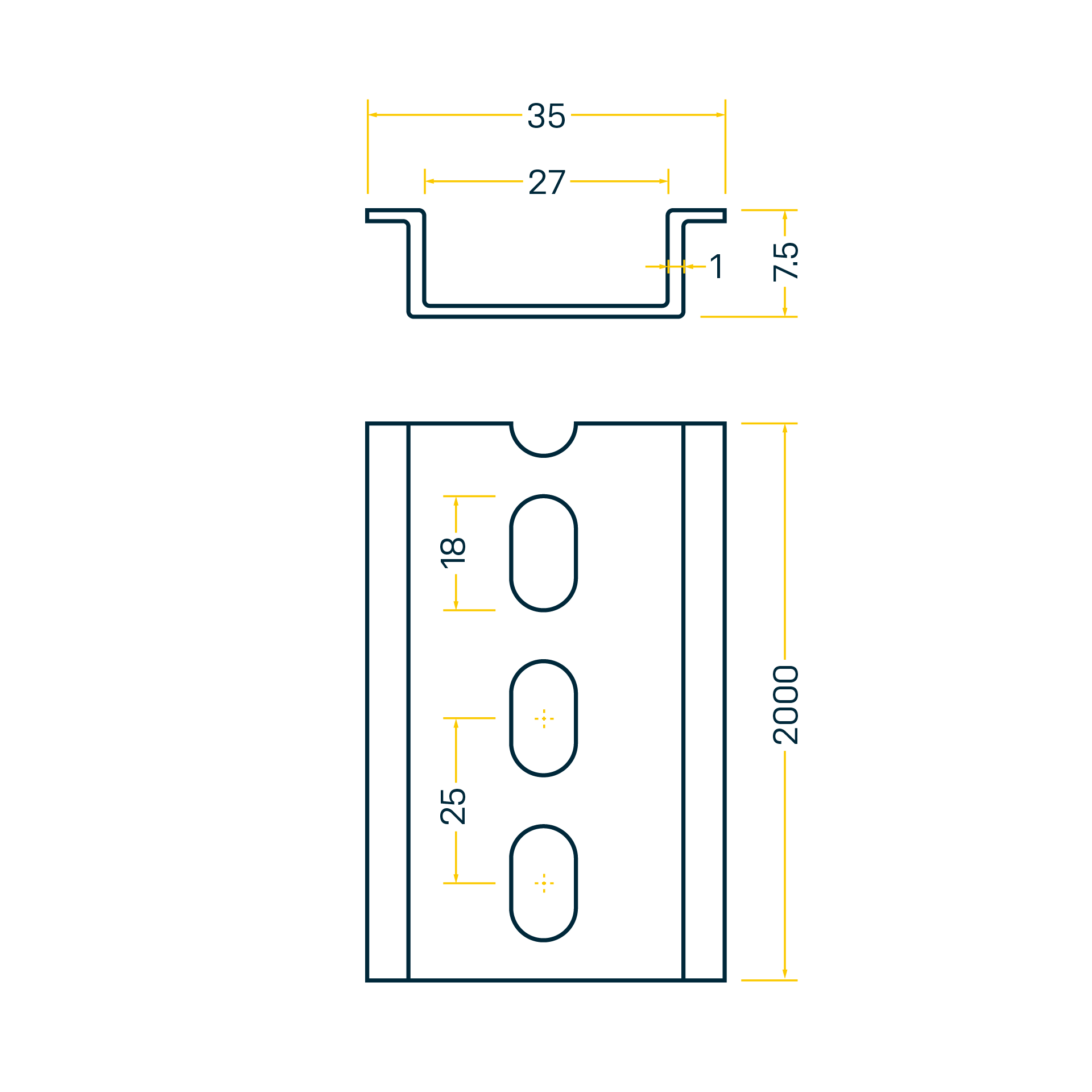 DIN Hutschiene 35x7.5mm, 2m Stange, Stahl verzinkt, Langlöcher 6.3x18mm (Abstand 25mm)