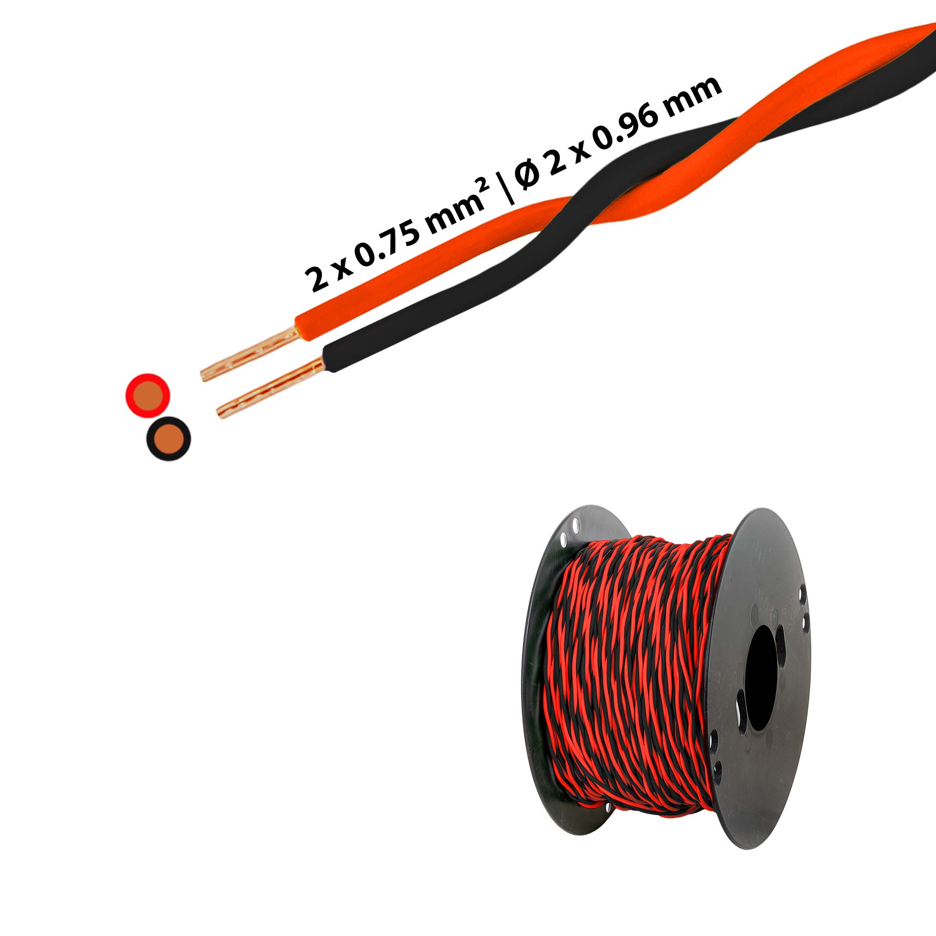 Verdrillter T-Draht 2 x 0.75mm2, rot-schwarz, auf Kunststoffrolle