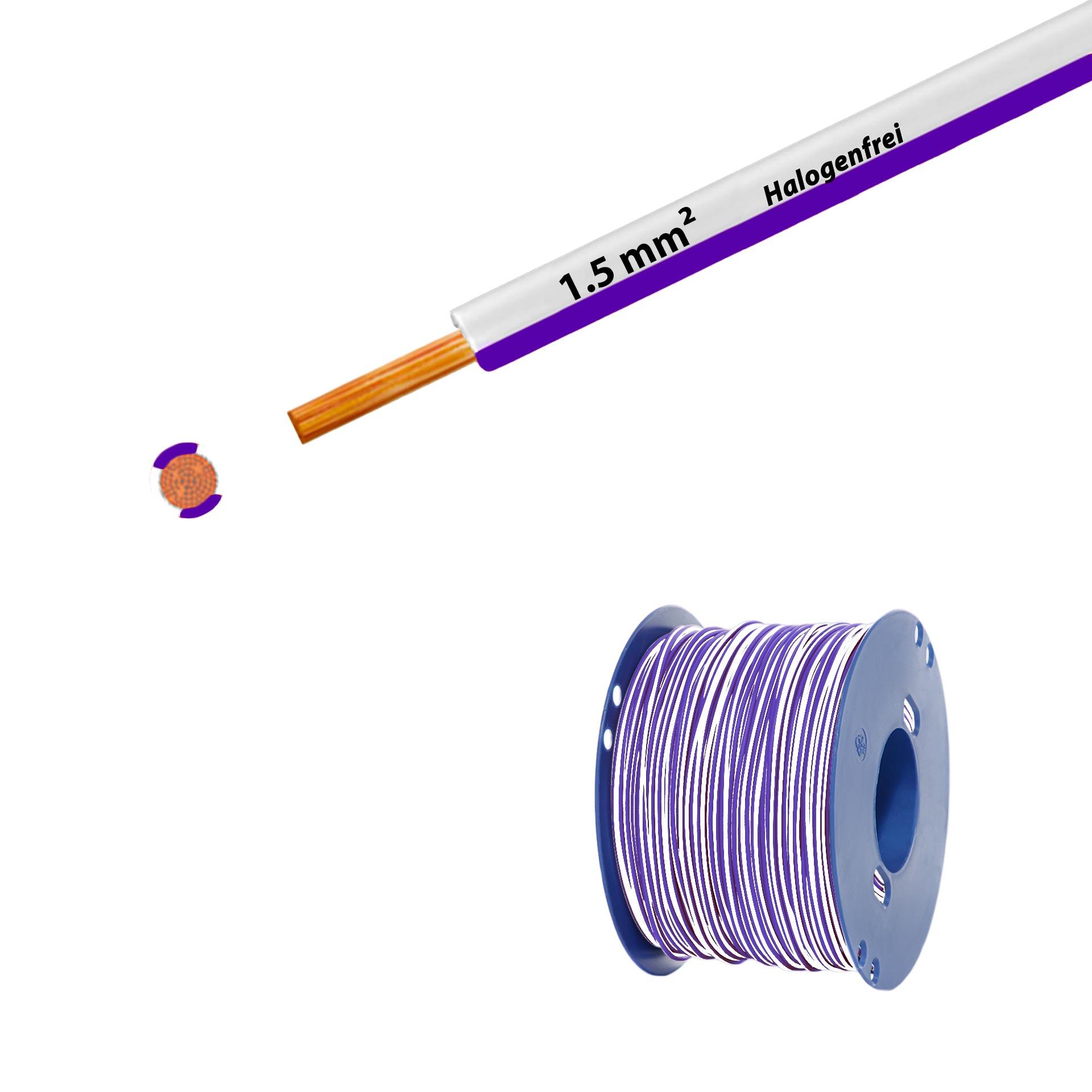 Litze halogenfrei 90° C , 750V, 1.50mm2, weiss-violett (RAL 9010/4005), auf Kunststoffrolle