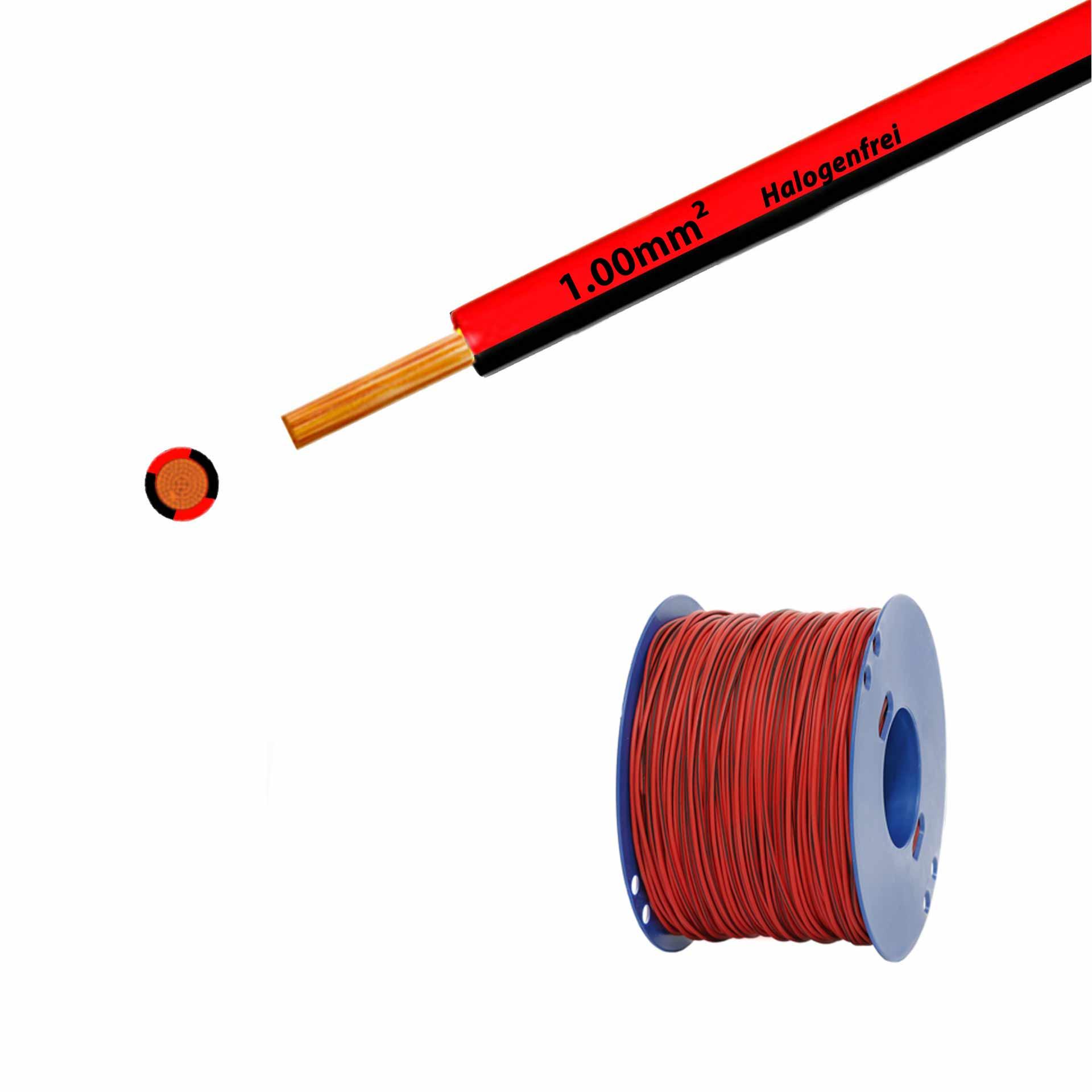 Litze halogenfrei 90° C , 500V, 1.00mm2, rot-schwarz (RAL 3000/9005), auf Kunststoffrolle