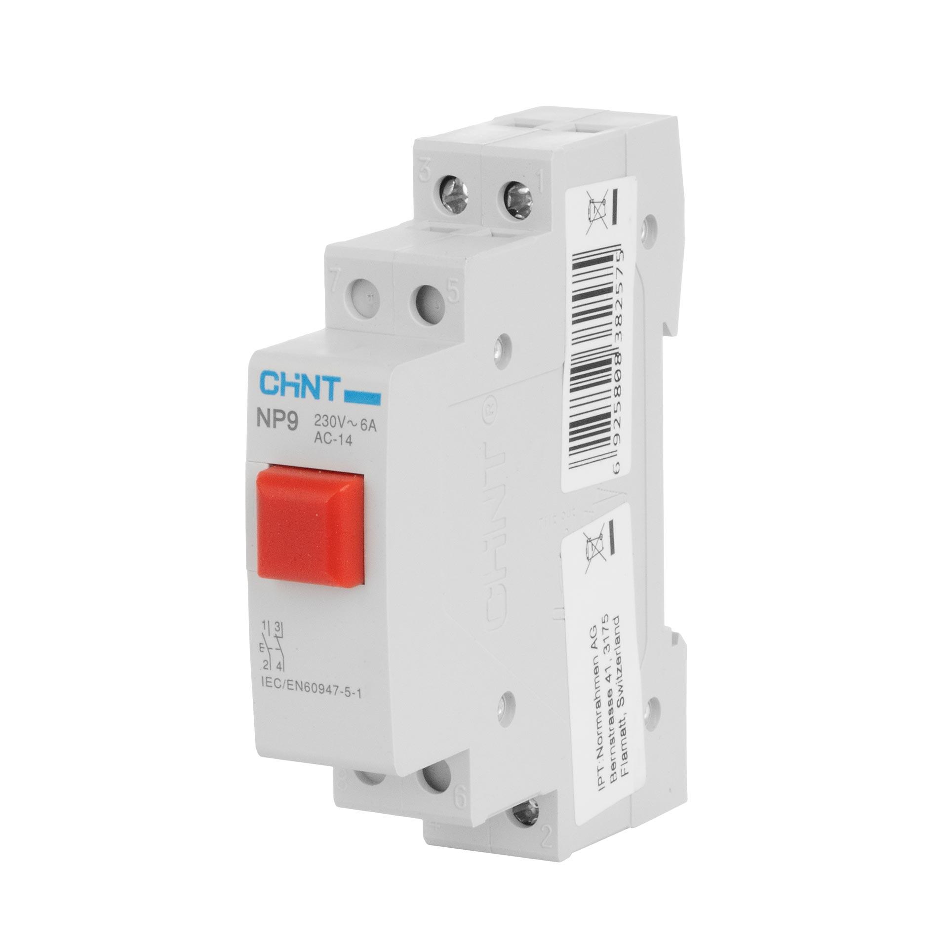 Chint REG Taster (rot), 1-Modul, 230V AC/DC, 16A (Ith), 6A (Ie), 1-Schlies. & 1-Öffn., Typ NP9-11/2