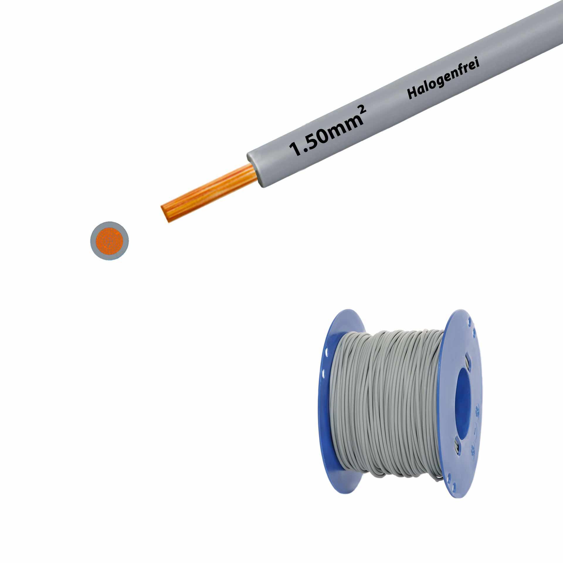 Litze halogenfrei 90° C , 750V, 1.50mm2, grau (RAL 7001), auf Kunststoffrolle