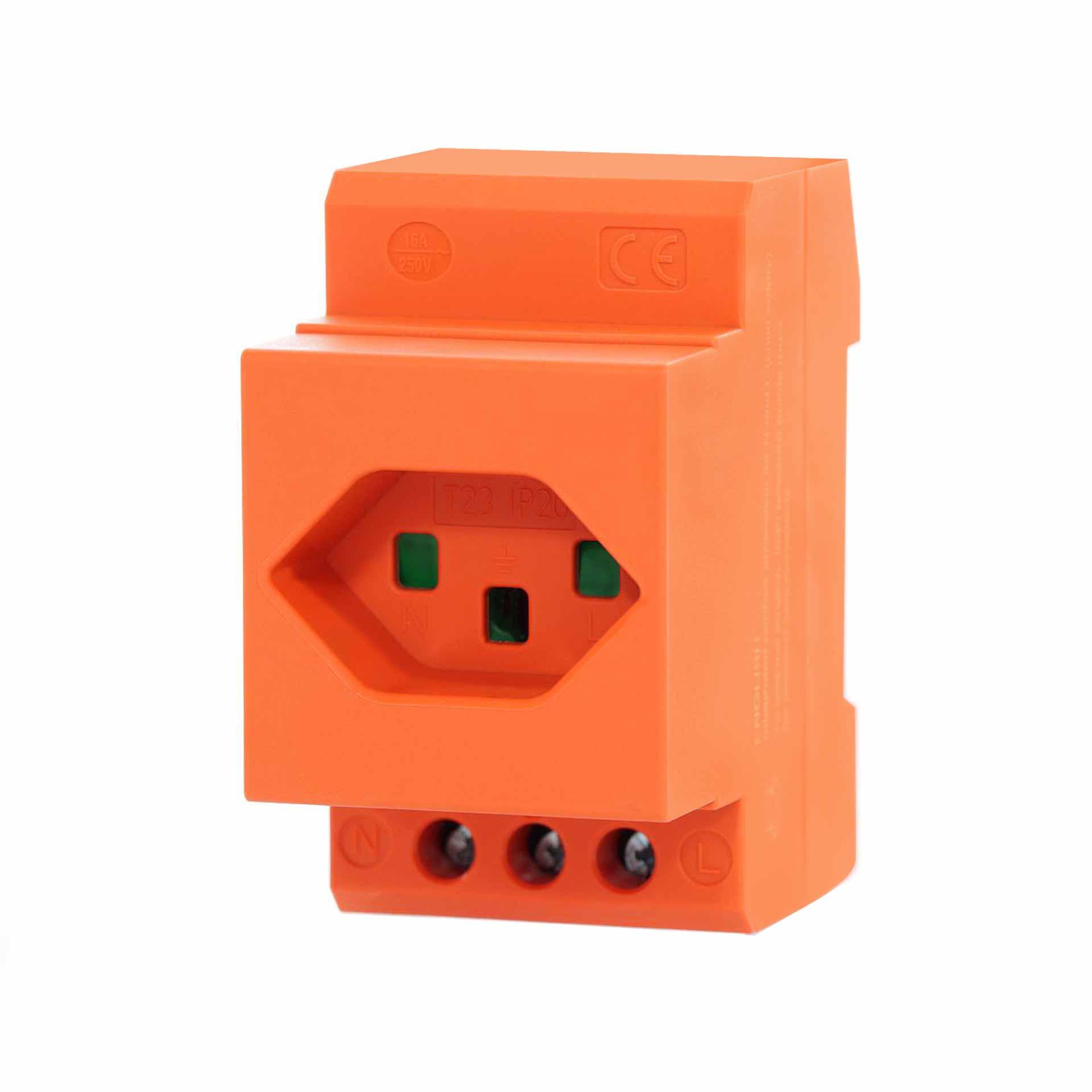 Einbausteckdose T23 16A für Din-Schiene, Nur 2.5 Modul breit (44mm), Orange RAL 2003